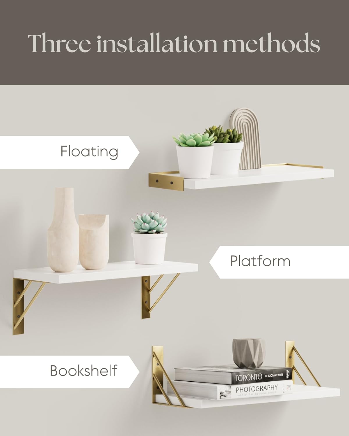 BAYKA Wall Shelves for Bedroom Decor, Floating Wall Shelves for Living Room Kitchen Storage, Wall Mounted Rustic Wood Shelves for Kids Books,Corner Shelves for Bathroom(White and Gold，Set of 3)