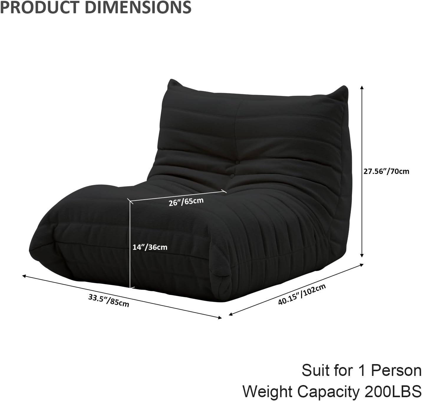 Luxury Sofa Couch Chair, Lazy Floor Seating, Fireside Bean Bag Chair, Ergonomic Tatami Sofa Lounger for Living Room, Bedroom, Office, Single Seat, Black
