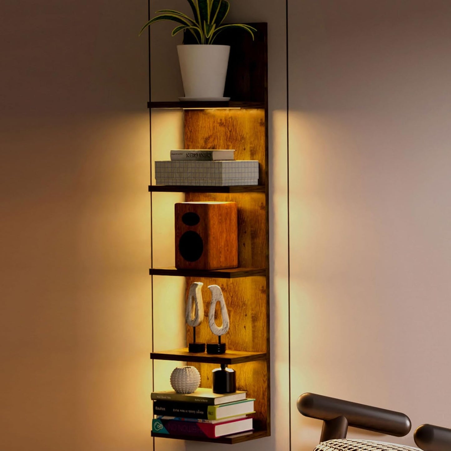 5 Tier Wall Shelf Unit, Modern Vertical Lack Wall Shelves with Light, Wall Mount, Floating Column Home Decor Shelves for Bedroom, Living Room, Vanity Storage Display(Dark Brown)