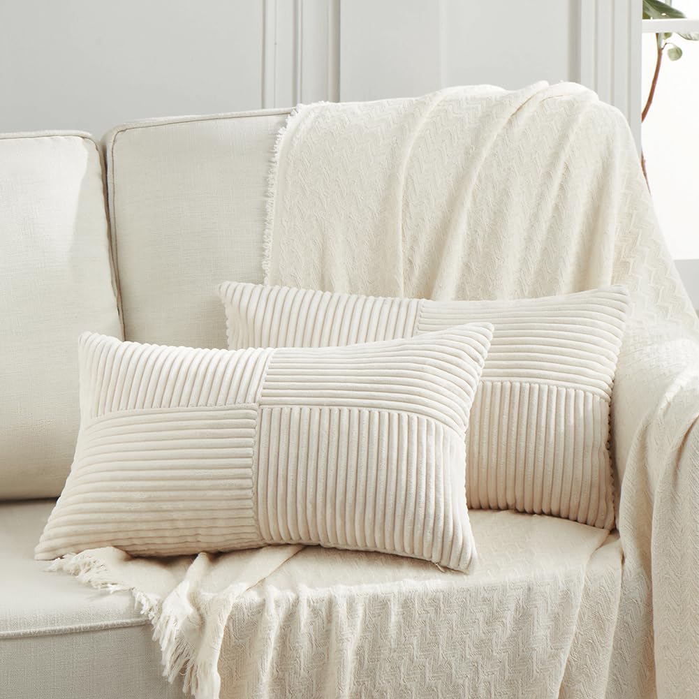 Fancy Homi 2 Packs Cream Lumbar Decorative Throw Pillow Covers 14x24 Inch for Living Room Couch Bed Sofa, Rustic Farmhouse Boho Home Decor, Soft Striped Corduroy Rectangle Accent Cushion Case 35x60 cm