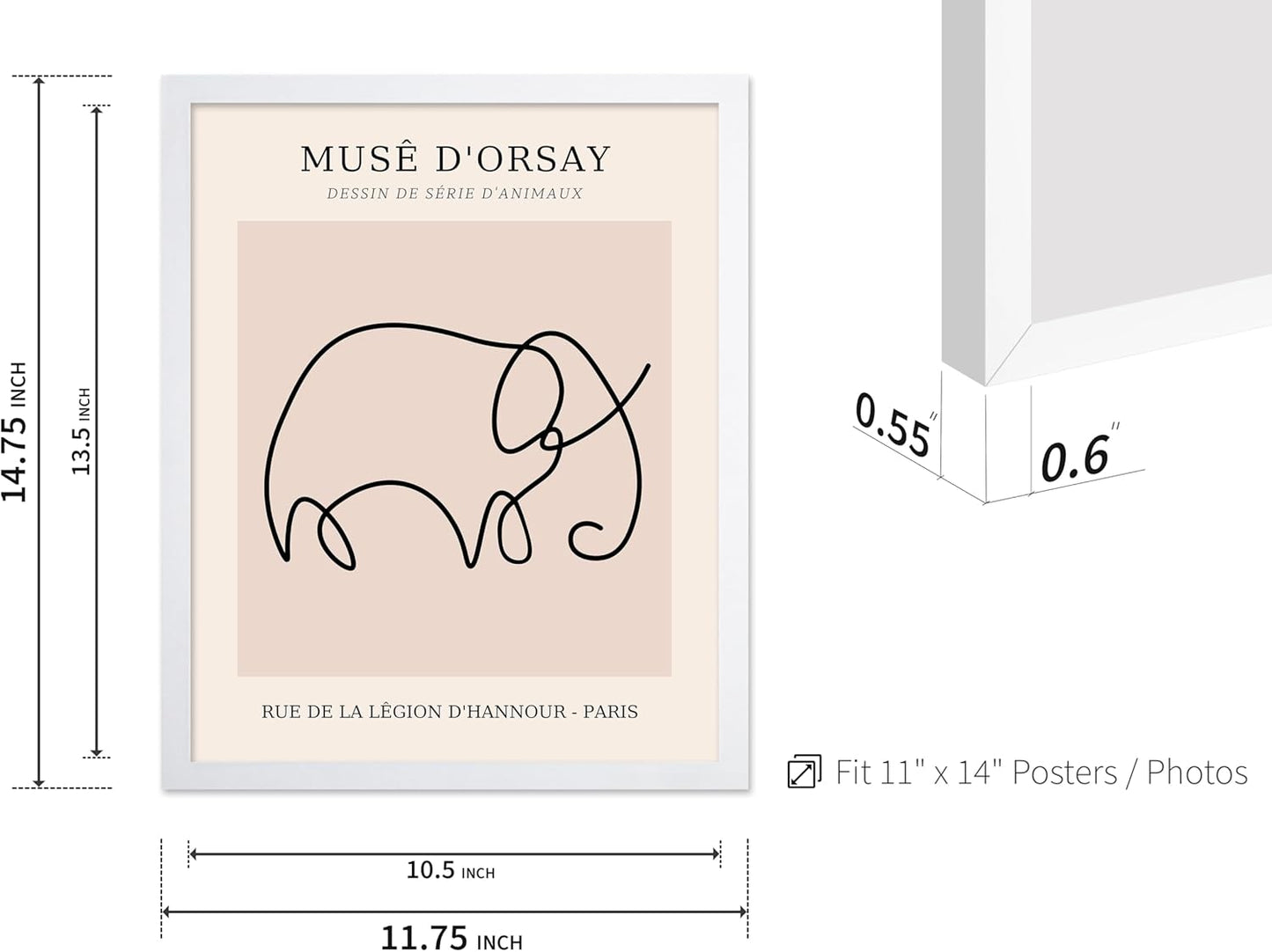Poster Master Vintage Poster - Retro One Line Elephant Drawing Print - Elephant Art - Minimal Gift for Men, Women, Animal Lover - Abstract Wall Decor for Home, Office, 11x14 White Framed