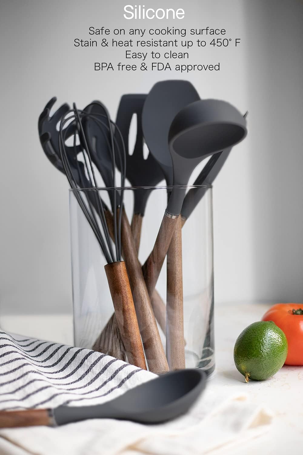 Country Kitchen Non Stick Silicone Utensil Set with Rounded Wood Handles for Cooking and Baking, 8 Piece Set, Black