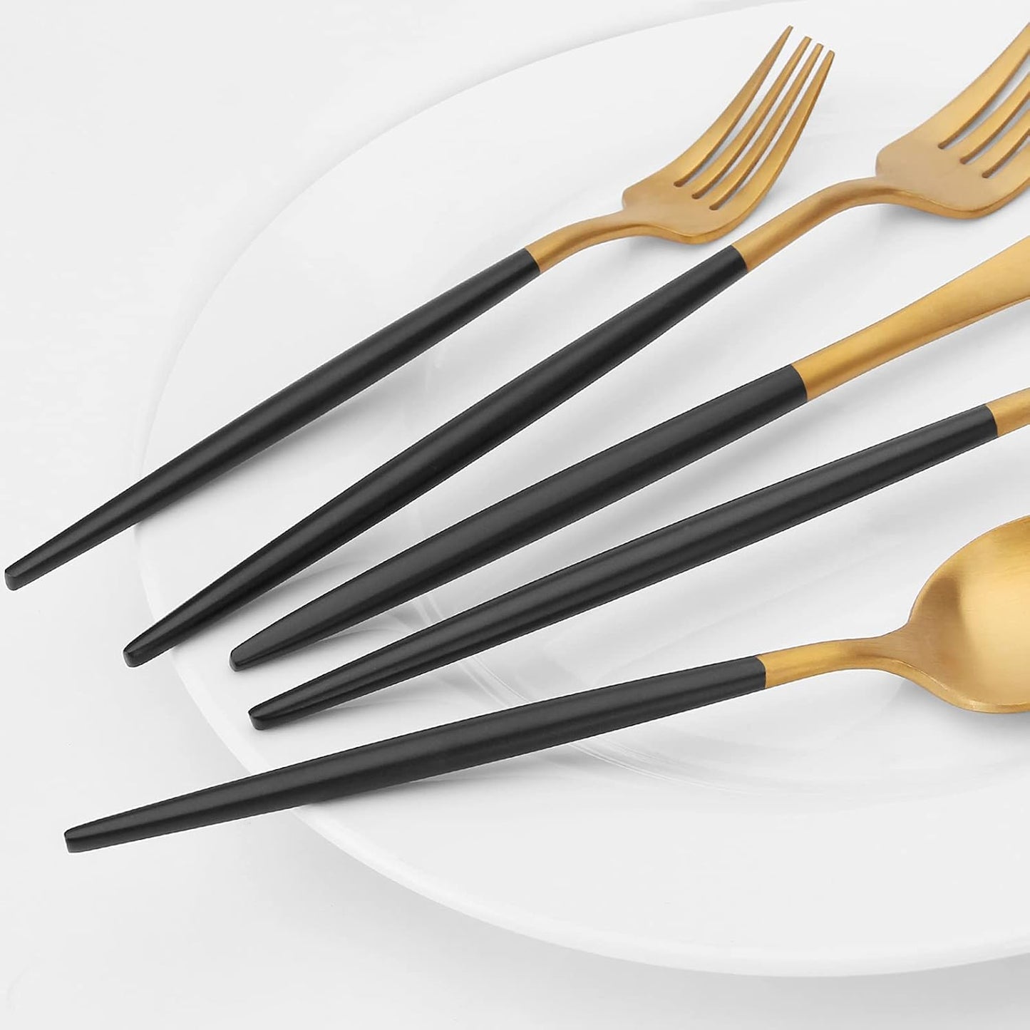 Matte Gold Silverware Set with black handle, Vanys 20 Piece Stainless Steel Cutlery Flatware Set, Kitchen Utensil Sets for 4, Tableware With Knife Spoons And Forks Set, Satin Finished Polished