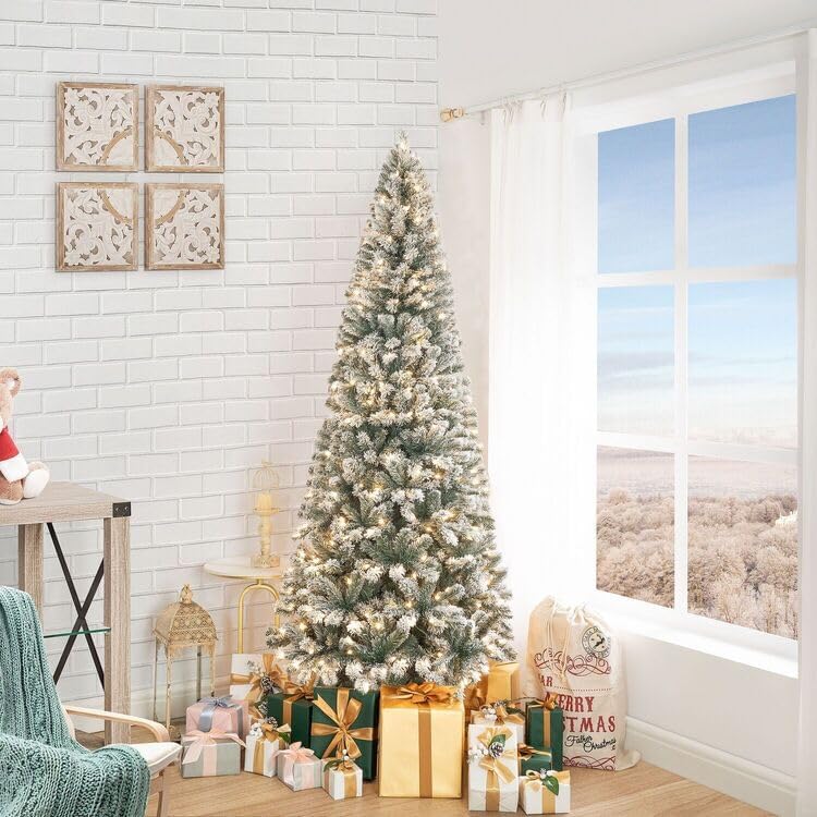 Naomi Home Artificial Christmas Tree with Lights, Prelit Christmas Tree, Christmas Tree with Lights, Pine Christmas Trees, Hinged White Christmas Trees with - Tips - Green 6.5 ft/Frosted