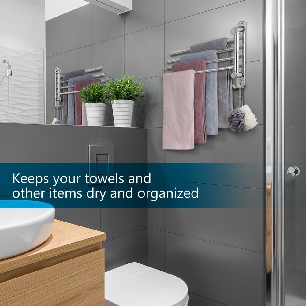Bathroom Towel Rack JSVER Swivel 4 Arms Extended Towel Holder, SUS304 Stainless Steel Space Saving Towel Rack, Towel Racks for Bathroom, Kitchen