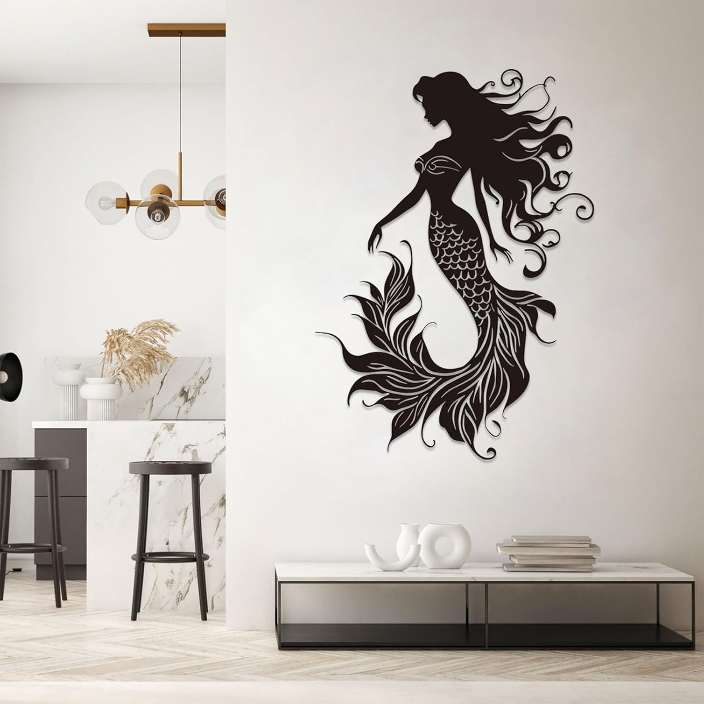 Veplsur Mermaid Metal Wall Art, Metal Mermaid Wall Decor, Marine Biology Wall Decor, Ocean Wall Art, Nautical Wall Hanging, Beach Hanging for Bathroom Bedroom (White, 30"x21"|76x54cm)