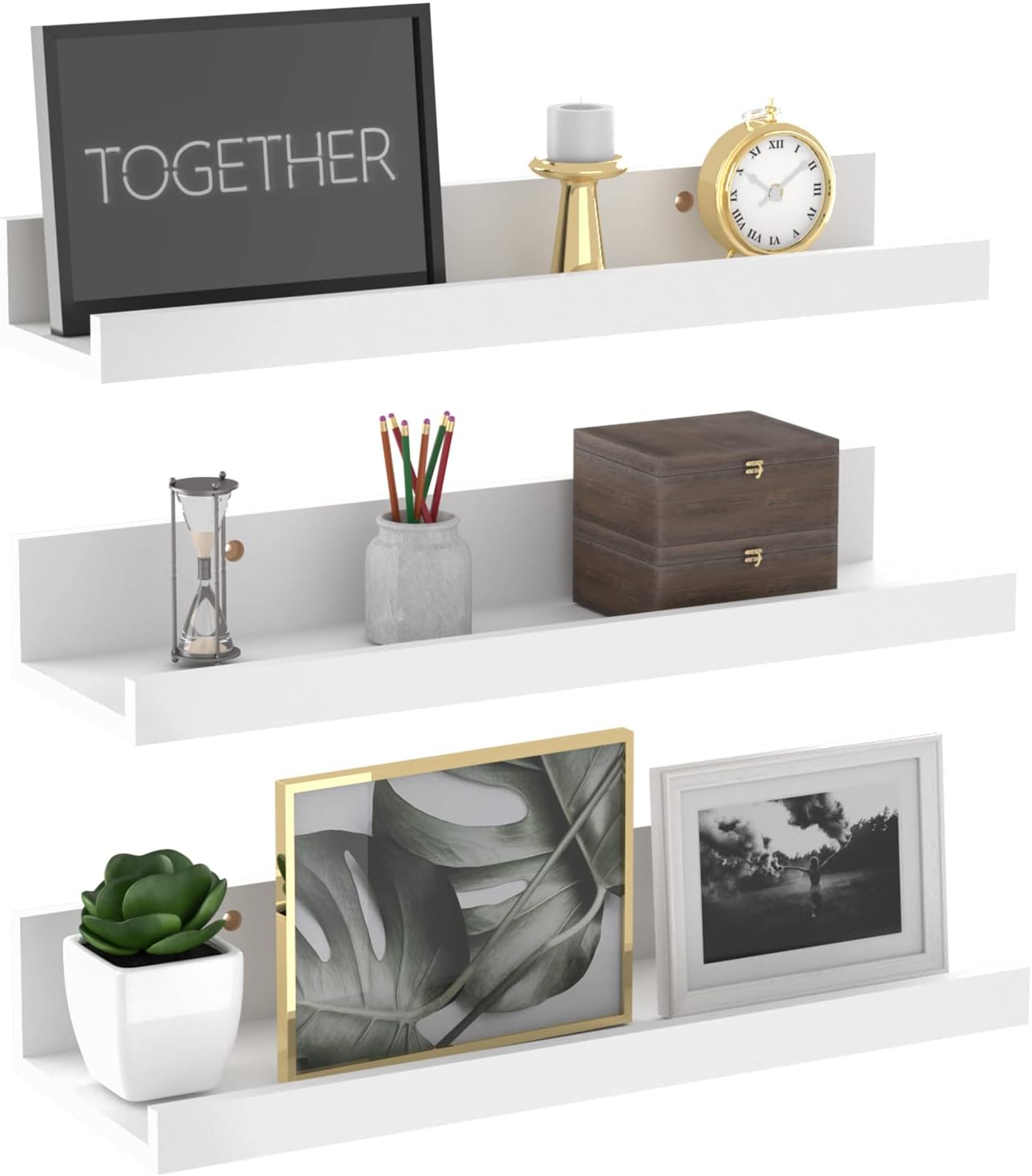 Giftgarden 16 Inch White Floating Shelves for Wall Mount, Modern Wood Wall Shelf Ledge for Bathroom Bedroom Living Room Kitchen Nursery Storage, Set of 3 Different Sizes