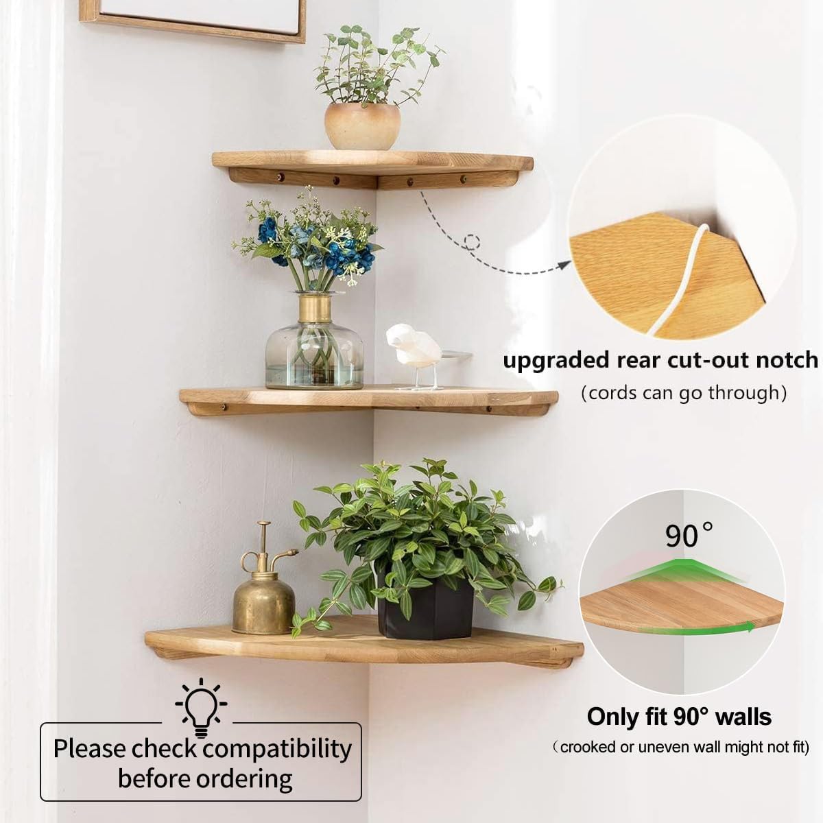 Corner Shelf, Solid Oak Wood Floating Corner Shelves Wall Mount Round End with Wire Hole for Small Plant Photo Frame for Bedroom Kitchen, Living Room