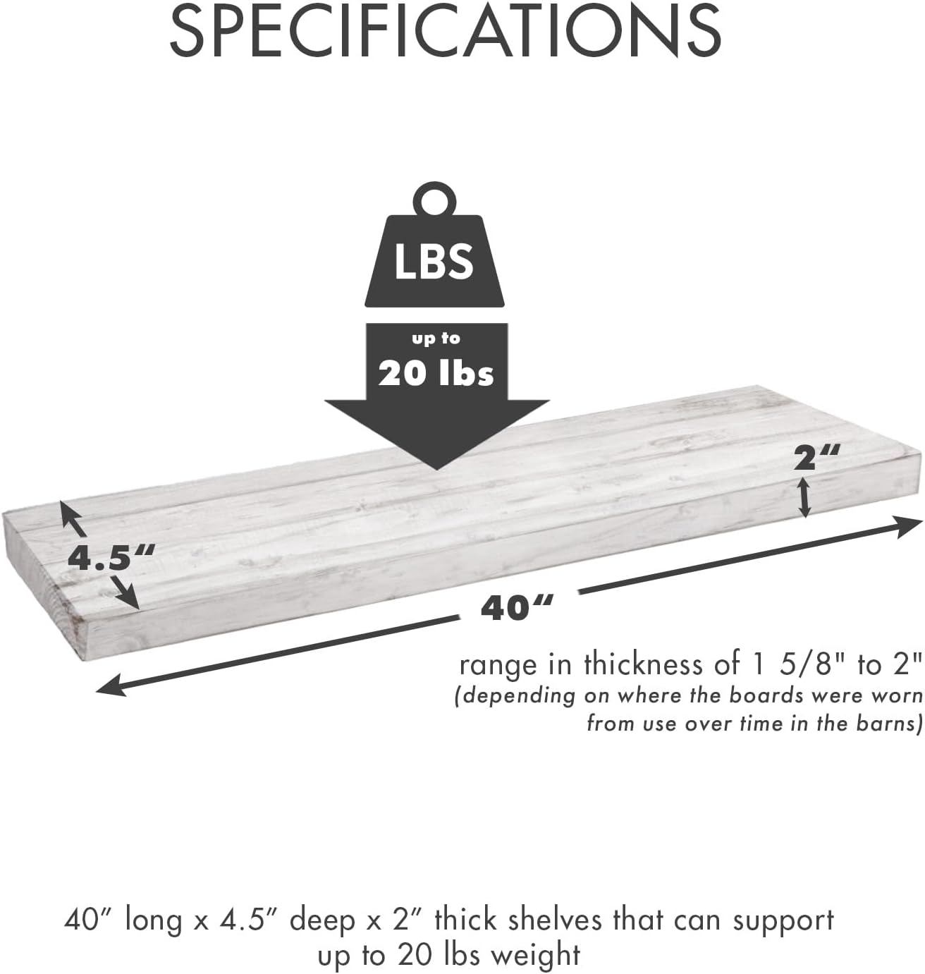 Urban Legacy Reclaimed Barnwood Planks | Floating Shelves for Wall w/Flush Mount Shelf Bracket Set Included | Set of 2 (White Wash, 40"x 4.5"x 2")