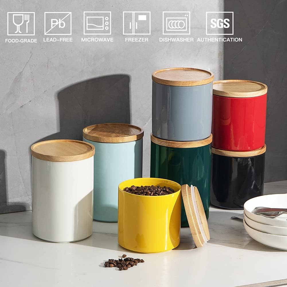 Sweejar Kitchen Canisters Ceramic Food Storage Jar, Stackable Containers with Airtight Seal Wooden Lid for Serving Coffee Bean, Flour, Tea, Spice and More - 39 Fl Oz (Black)