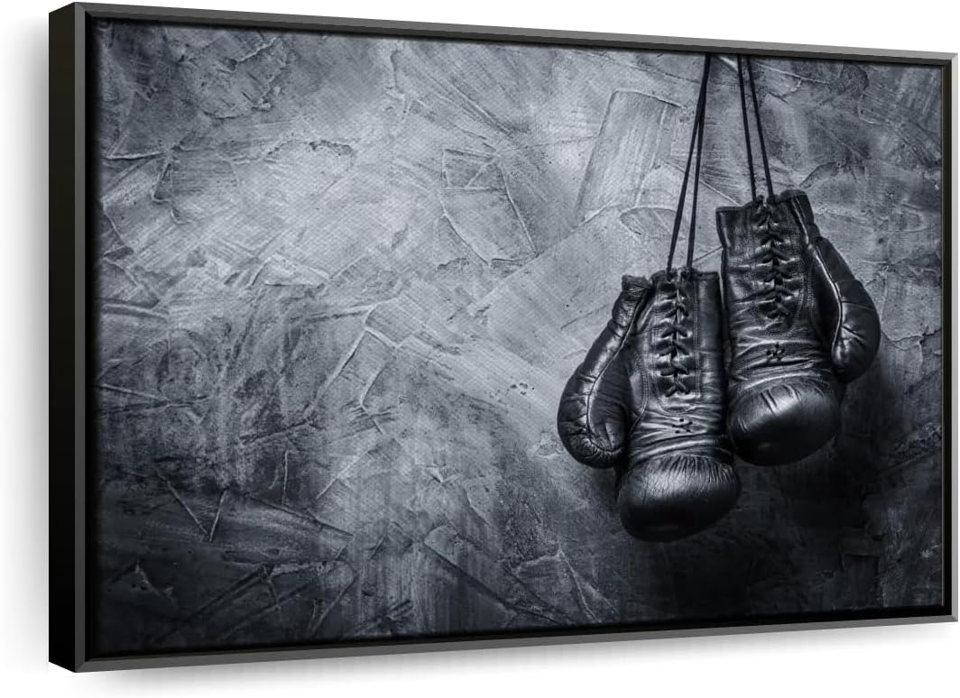 ElephantStock Boxing Gloves Wall Art - Horizontal Framed Canvas - 1-Piece Living Room Wall Decor - Photography Sports Canvas Print - Black and Gray Decor for Wall - 43" X 29"