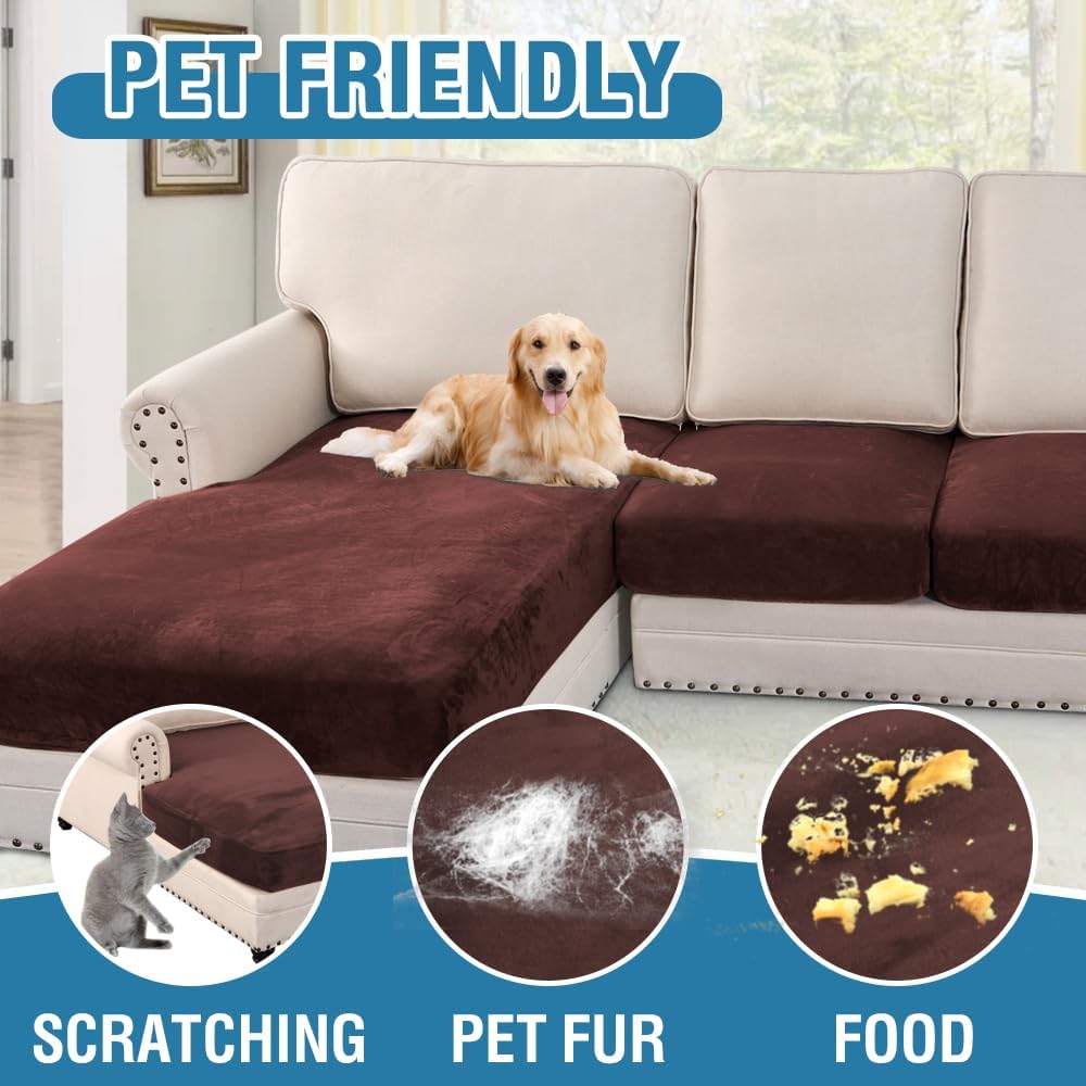 H.VERSAILTEX Velvet Stretch Sectional Couch Covers 3 Pieces Sofa Seat Cushion Covers L Shape Separate Cushion Couch Cover for Both Left/Right Sectional Couch (Large Sofa 2 Seater + 1 Chaise, Brown)
