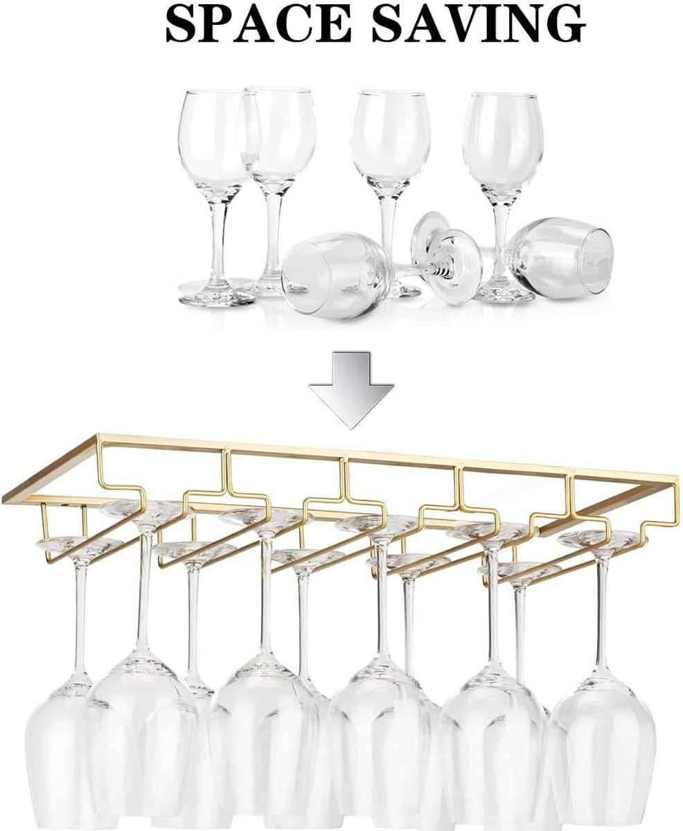 Wine Glass Rack - Under Cabinet Stemware Wine Glass Holder Glasses Storage Hanger 1 Pack Metal Organizer for Bar Kitchen 5 Rows Gold