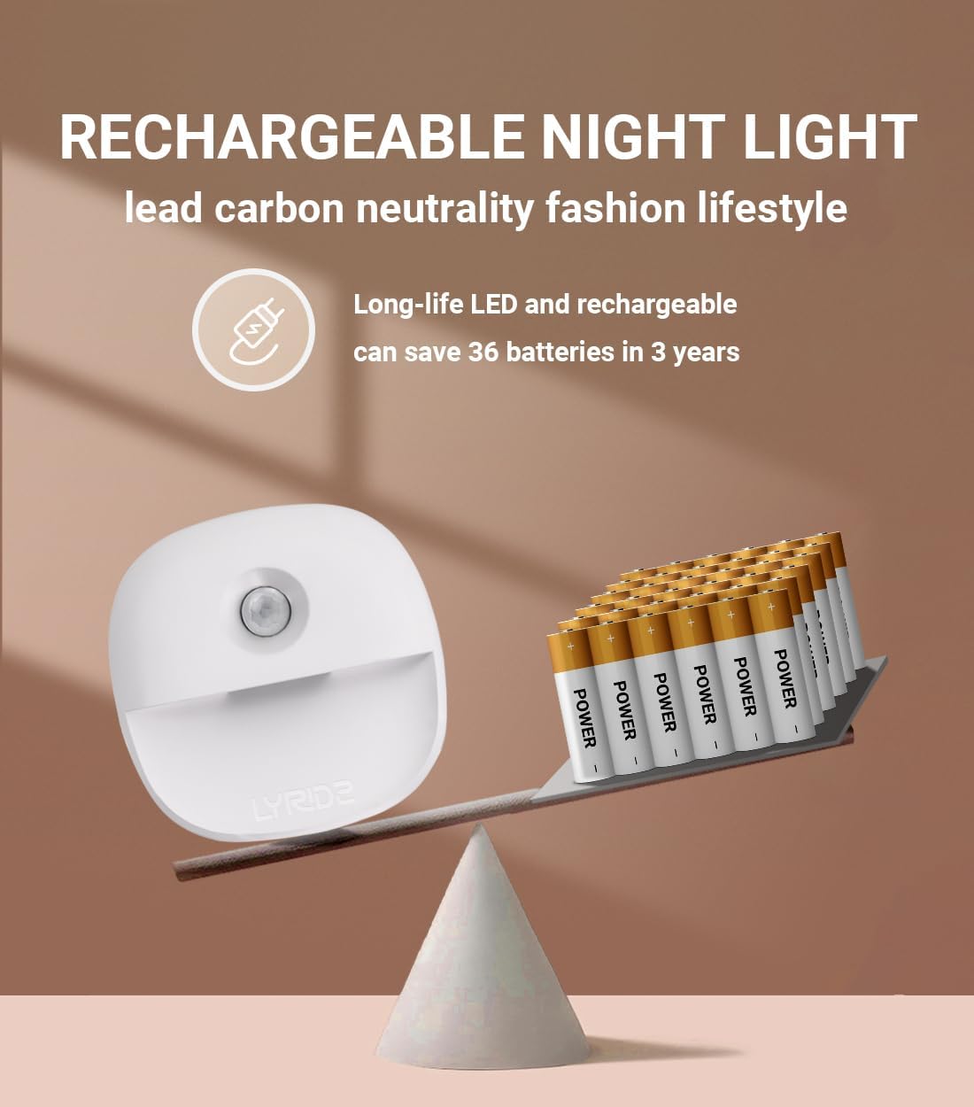Lyridz Rechargeable Night Light, Motion Sensor Battery Nightlight, Mini Stick-on LED Closet Light, 1-20LM Dimmable Brightness for Bathroom, Bedroom, Kitchen, Washroom, Stairs, Hallway, 3-Pack