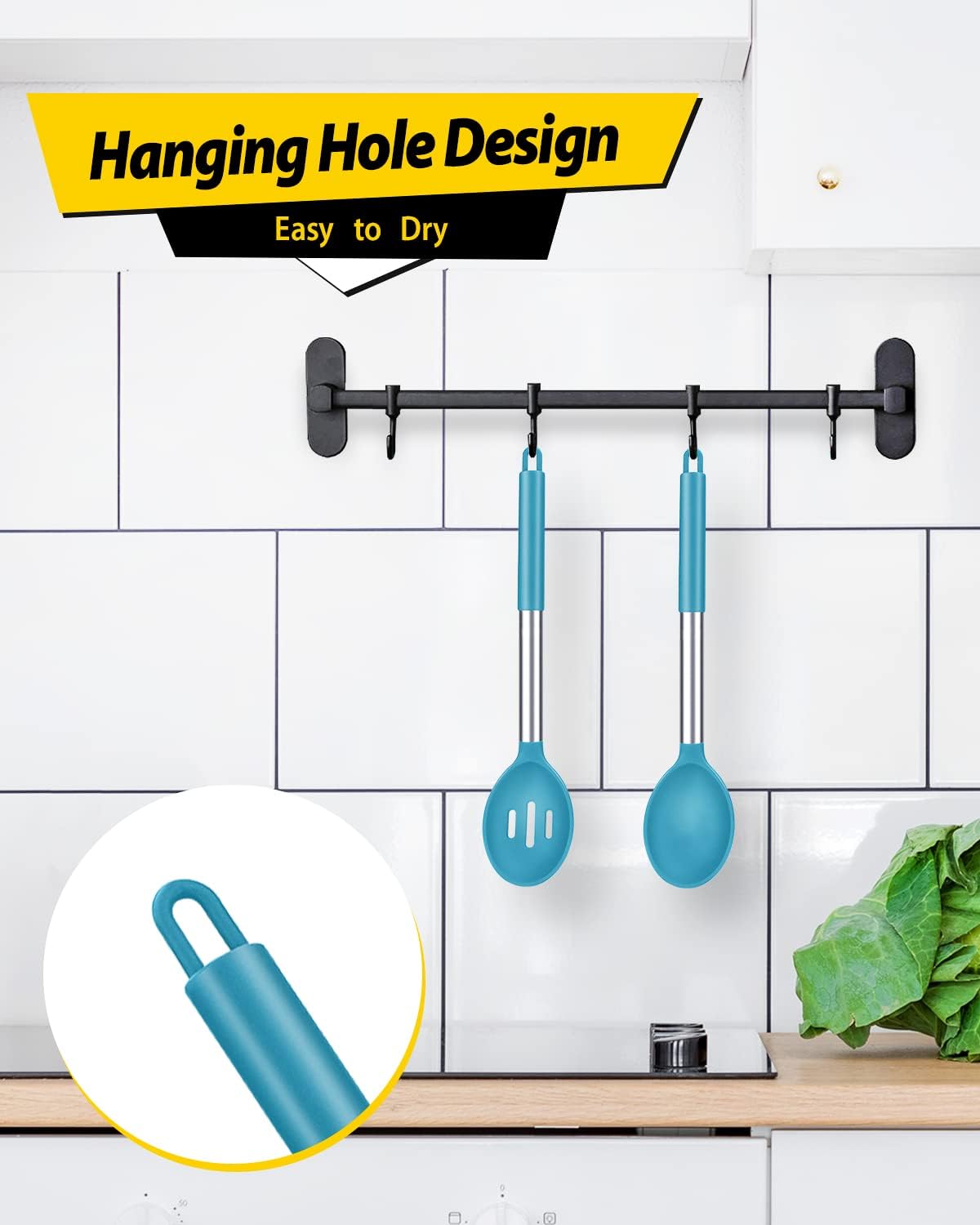Pack of 2 Large Silicone Cooking Spoons,Non Stick Solid Basting Spoon,Heat-Resistant Kitchen Utensils for Mixing,Serving,Draining,Stirring (BLUE)