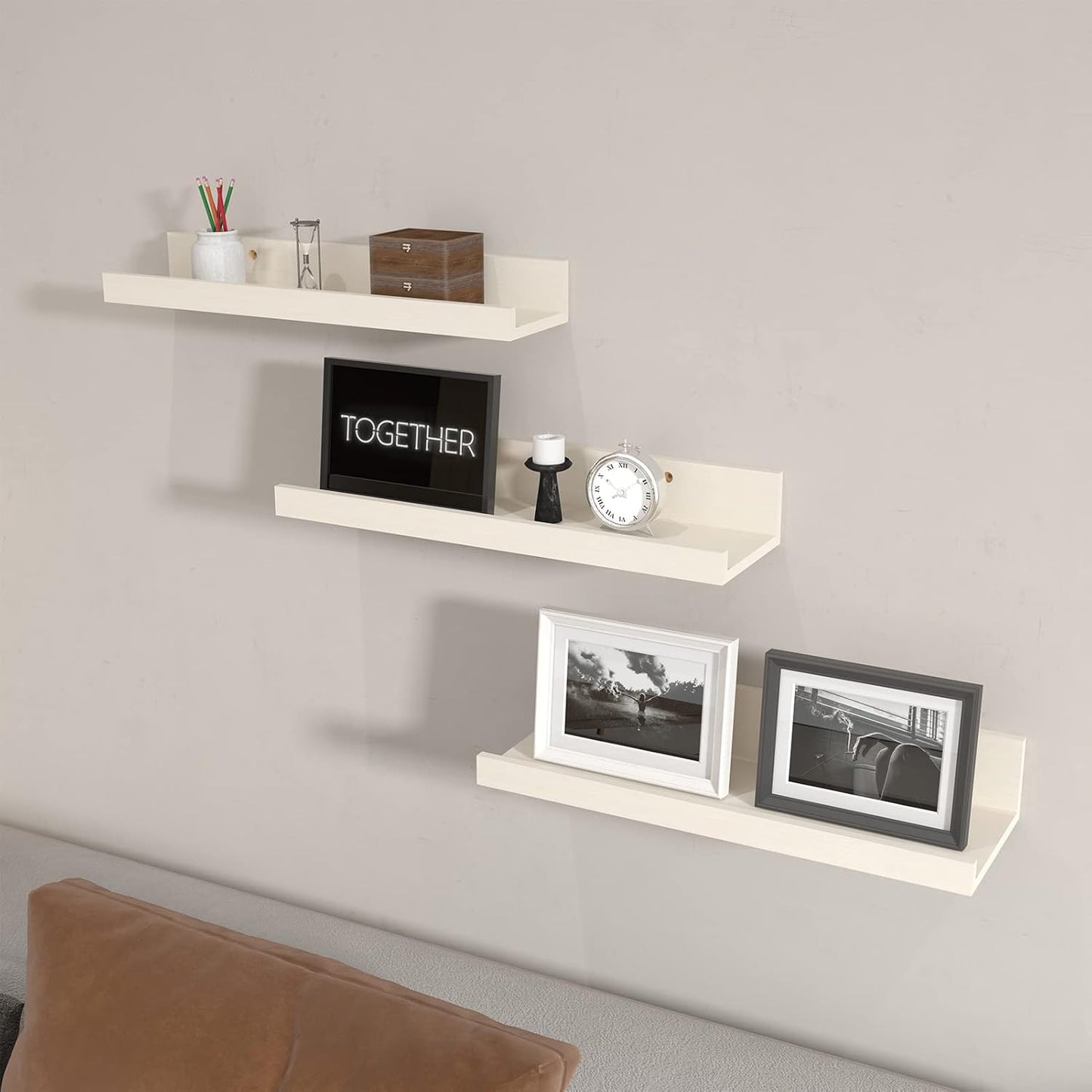 Giftgarden 16 Inch Floating Shelves Wall Mounted, Creamy White Beige Wood-Grain Wooden Ledge Shelf for Bathroom Bedroom Living Room Kitchen Nursery, Set of 3 Different Sizes