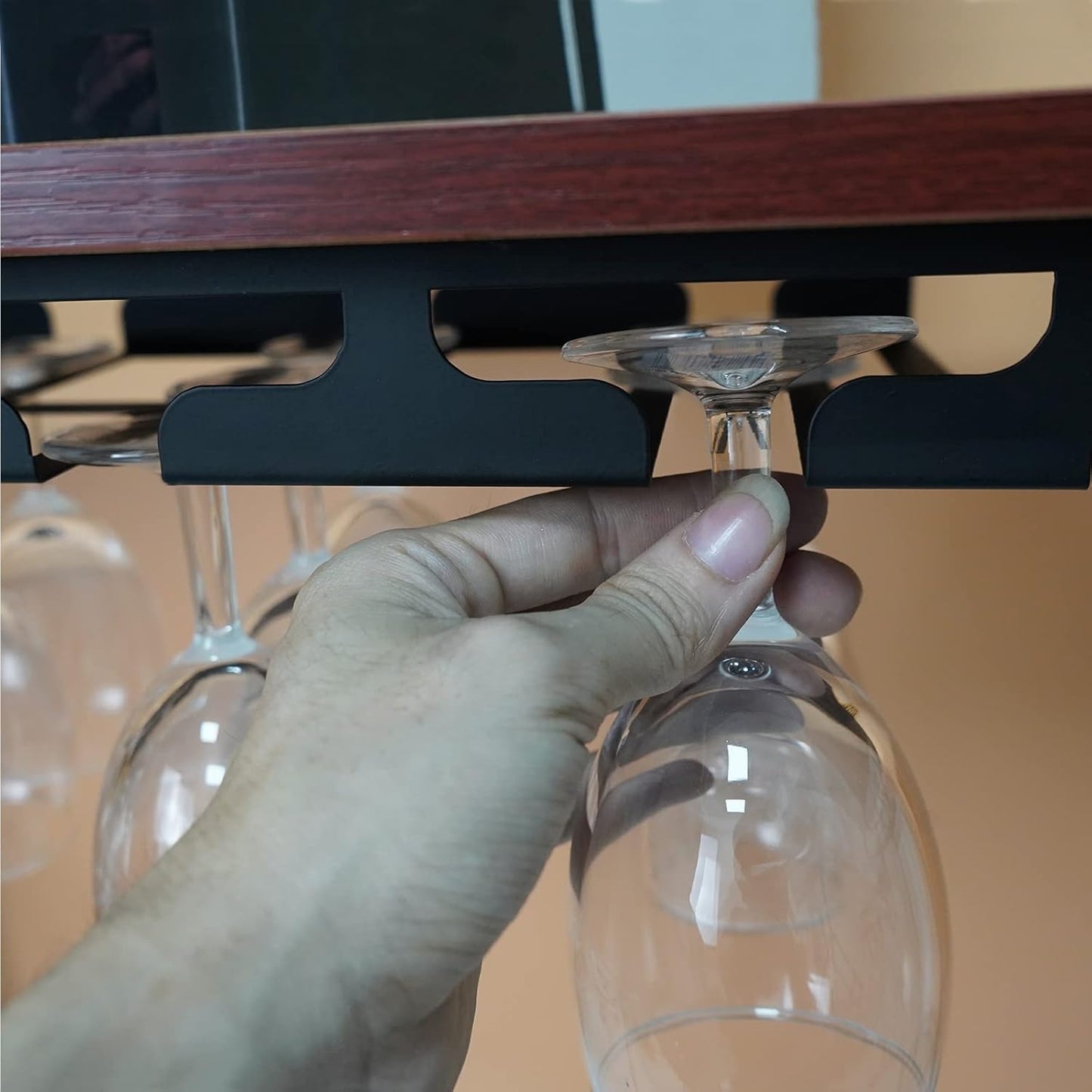 Wine Glass Holder - Hangers Under Shelf Cabinet Stemware Wine Glass Rack Glasses Storage Hanger Metal Hanging Organizer for Bar Kitchen 3 Rows 2 Packs Black