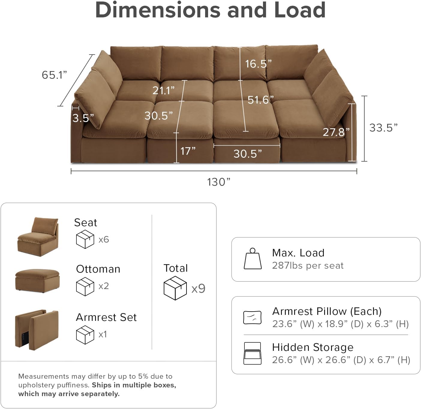mopio Oversized Modular Sectional Sofa with Fully Removable Covers and Storage, Convertible U, L-Shaped and Sleeper Sectional, Modern Couches with Ottoman Chaise (Hazelnut Velvet, 8 Seats, Sleeper)