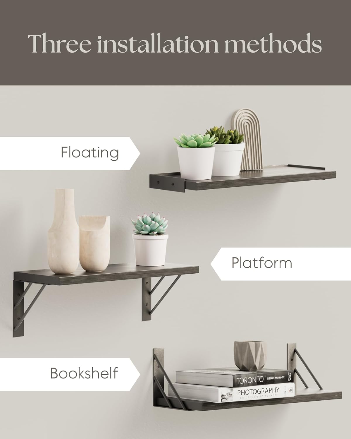 BAYKA Wall Shelves for Bedroom Decor, Floating Wall Shelves for Living Room Kitchen Storage, Wall Mounted Rustic Wood Floating Shelves for Kids Books, Corner Shelf for Bathroom(Rustic Brown，Set of 4)