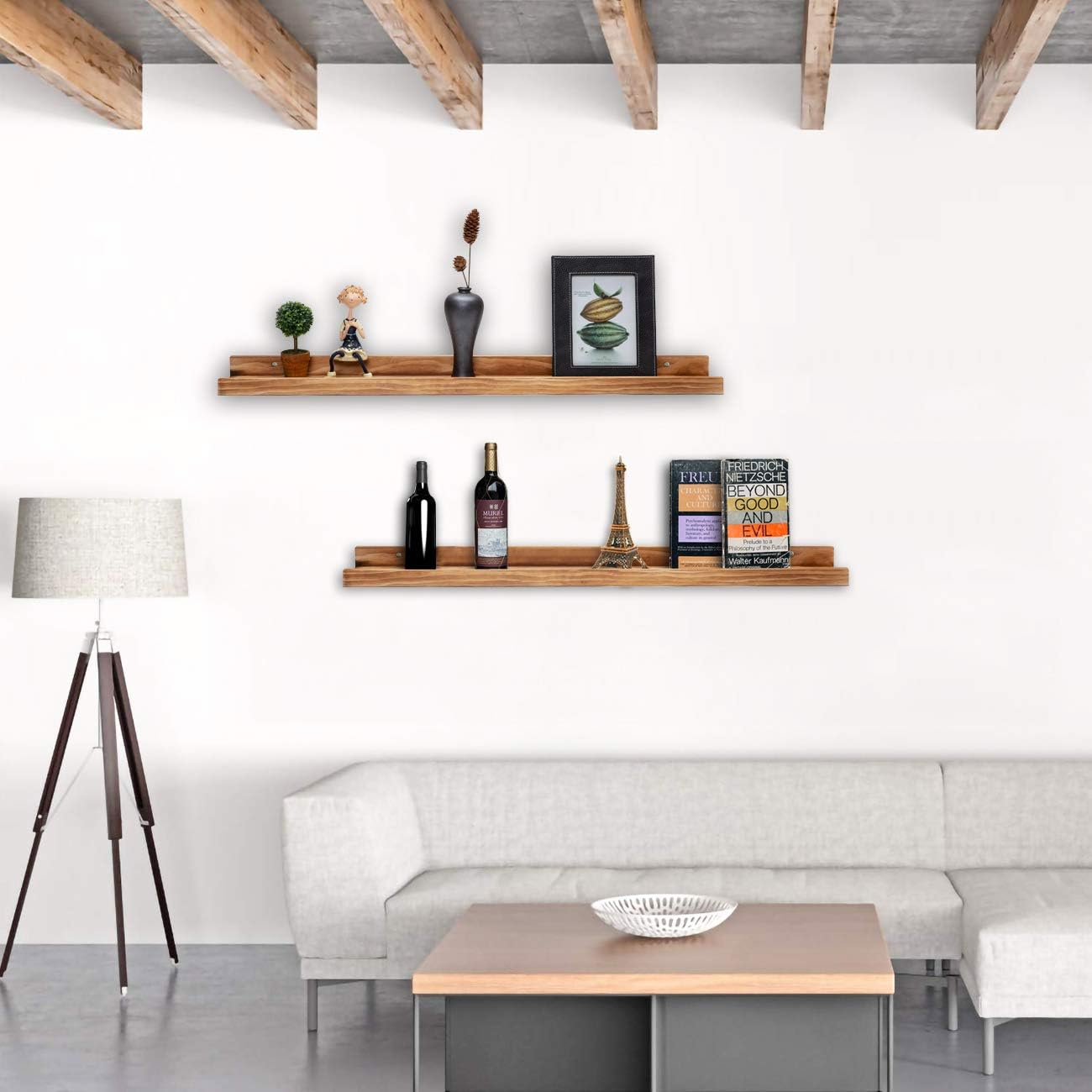 AZSKY 24" Floating Wall Ledge Shelf Wood Picutre Shelf Wall Mounted Nursery Kids Bookshelf Spice Rack Bathroom Storage Shelves Display Organizer Set of 2
