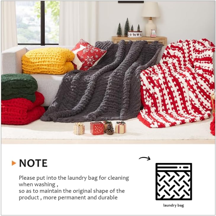 L'AGRATY Chunky Knit Blanket Throw: 80''x90'' Chenille Chunky Knitted Throw Blanket for Bed Couch - Handmade Thick Big Cable Knit Blanket - Large Chunky Crochet Rope Blanket for Home Decor(Grey)