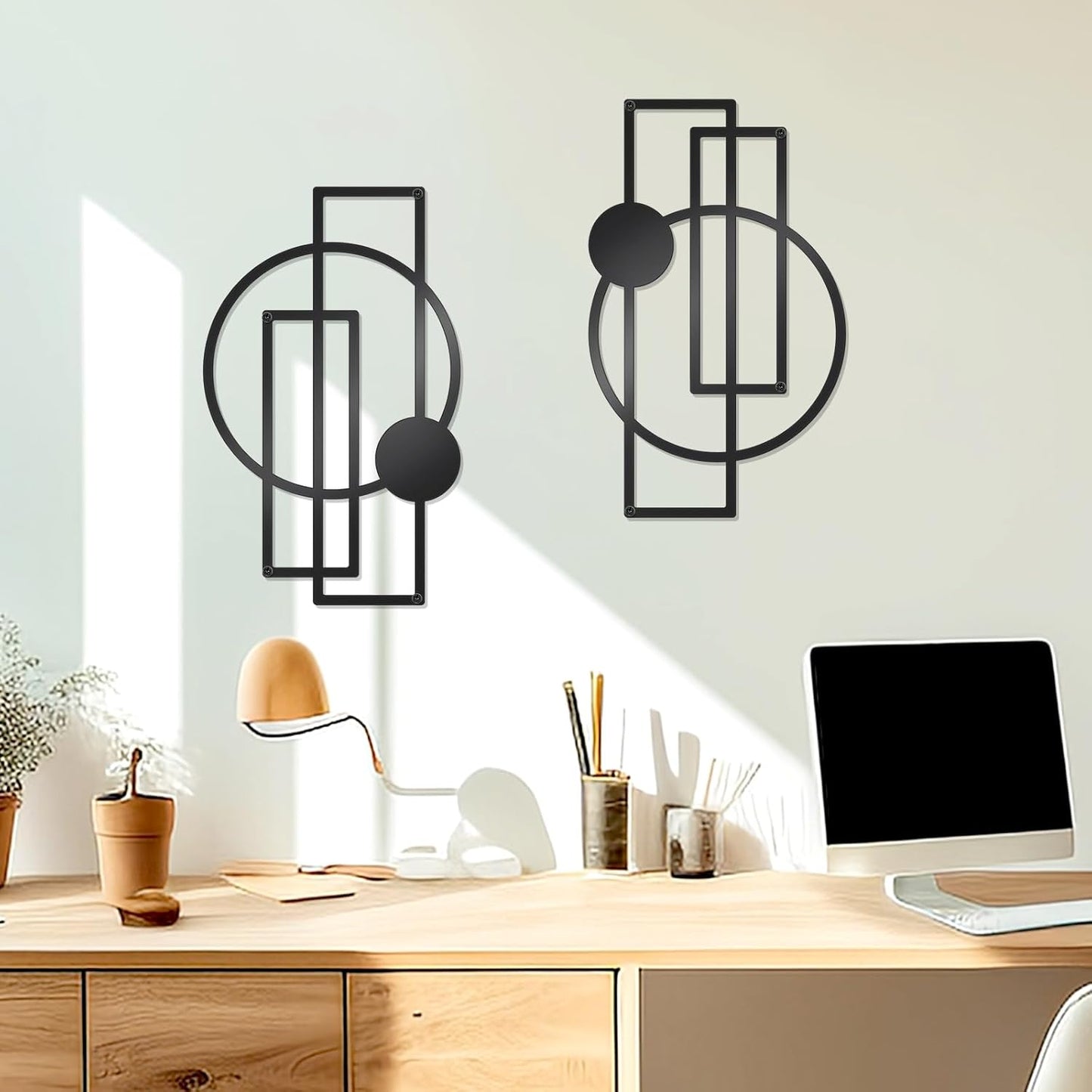 OYEFLY 2 Pcs Metal Abstract Wall Art,Modern Geometric Decor (Black, style 1)
