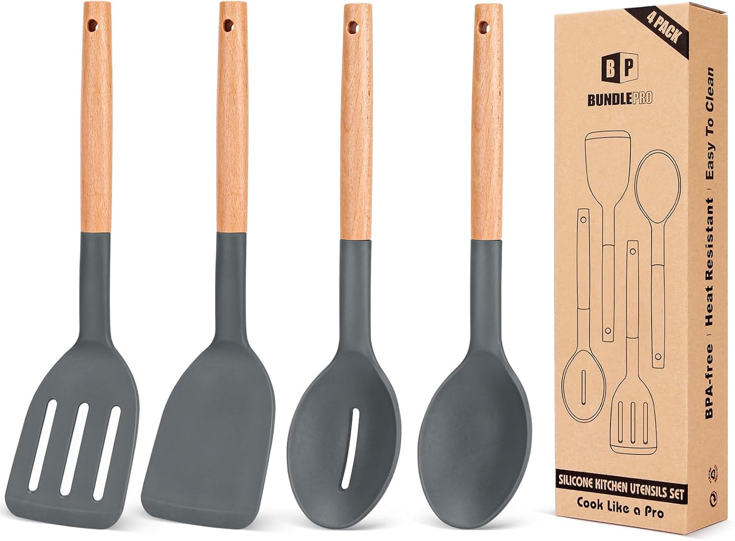 Pack of 4 Silicone Cooking Utensils Set, Non Stick Solid Spatulas and Heat Resistant Slotted Spoons with Wooden Handle, Ideal Wood Kitchen Utensils Set for Frying,Serving,Turning,Stirring (GRAY)