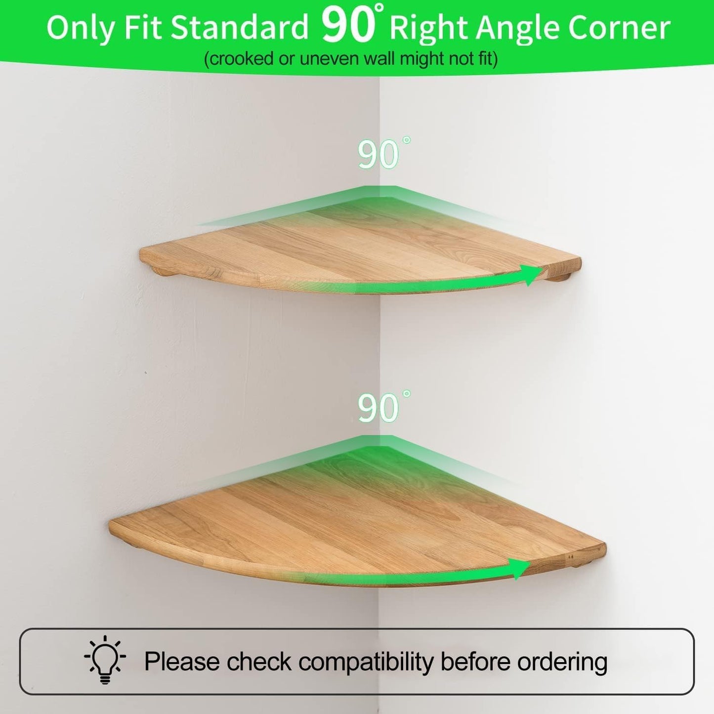 Corner Shelves, Floating Corner Shelf, Set of 2 10inch Solid Oak Wood Corner Wall Shelves, Round End Wall Mount Display Shelf with Wire Hole for Bedroom Kitchen, Living Room