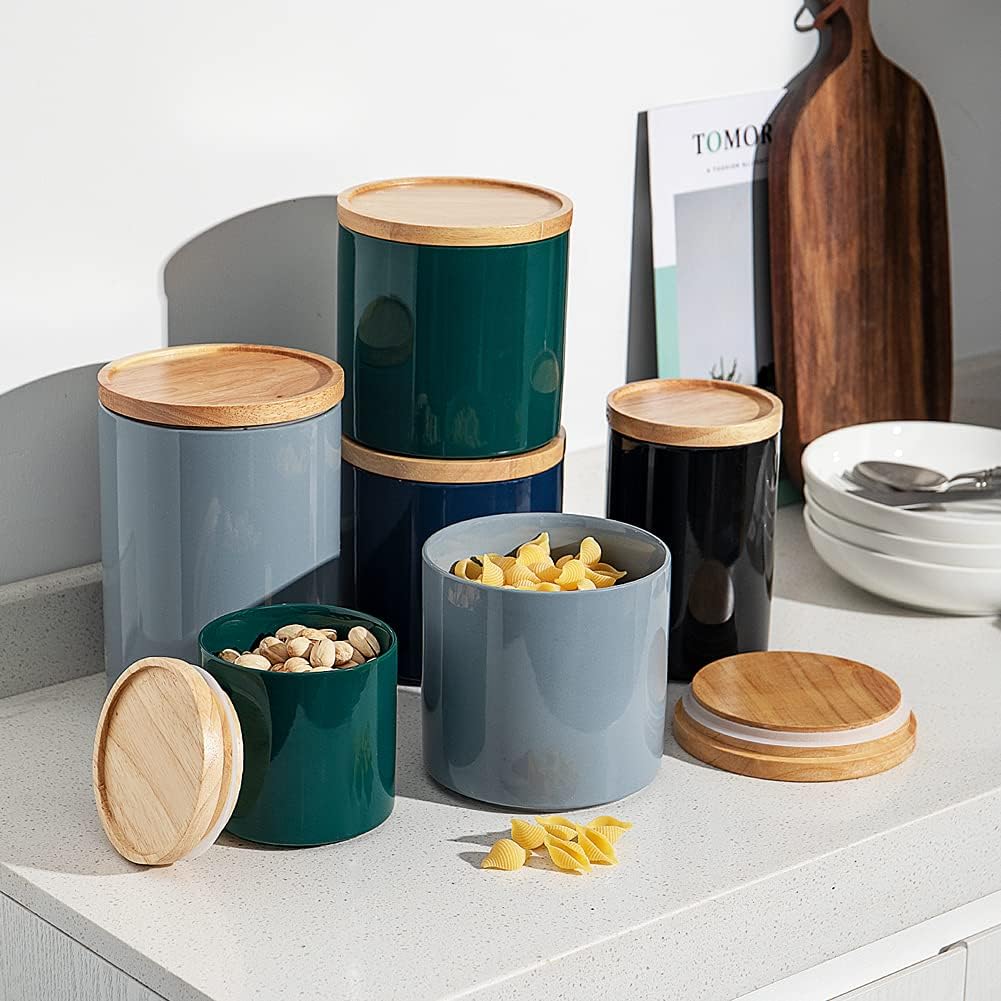 Sweejar Kitchen Canisters Ceramic Food Storage Jar, Stackable Containers with Airtight Seal Wooden Lid for Serving Coffee Bean, Flour, Tea, Spice and More - 39 Fl Oz (Black)