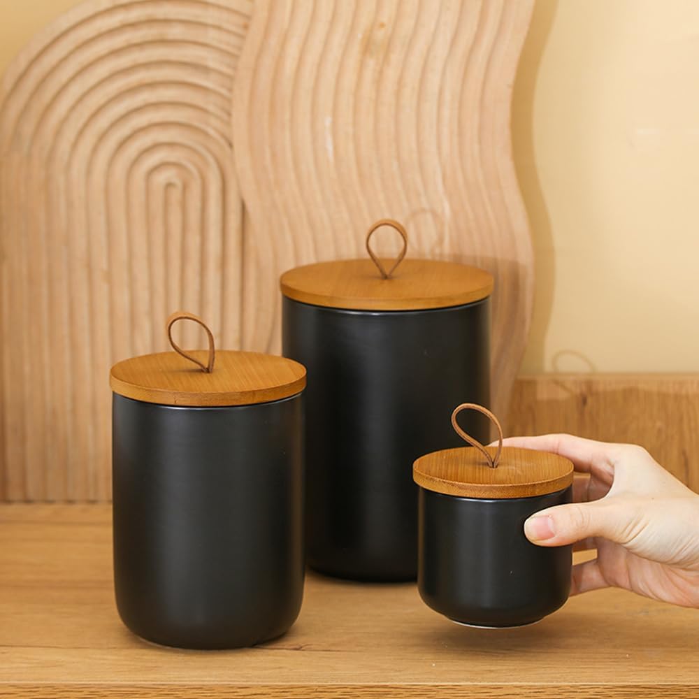YYW Kitchen Canister Set for Countertop Set of 3, 9/28/45 oz Ceramic Food Storage Containers with Airtight Wood Lids, Food Saver Jars for Coffee, Tea, Candy, Flour(Three-piece suit in black)