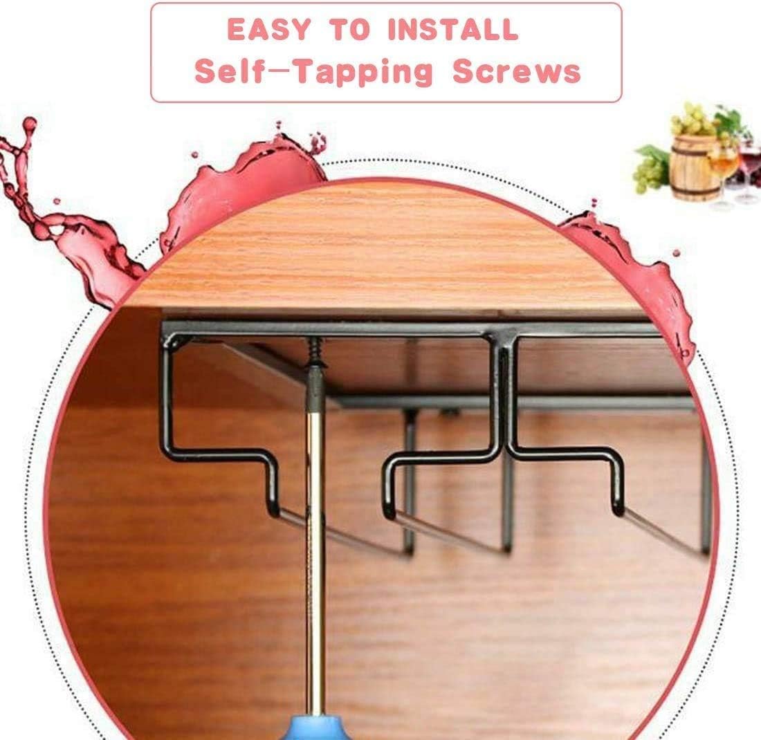Wine Glass Rack - Under Cabinet Stemware Wine Glass Holder Glasses Storage Hanger 2 Pack Metal Organizer for Bar Kitchen 4 Rows Gold