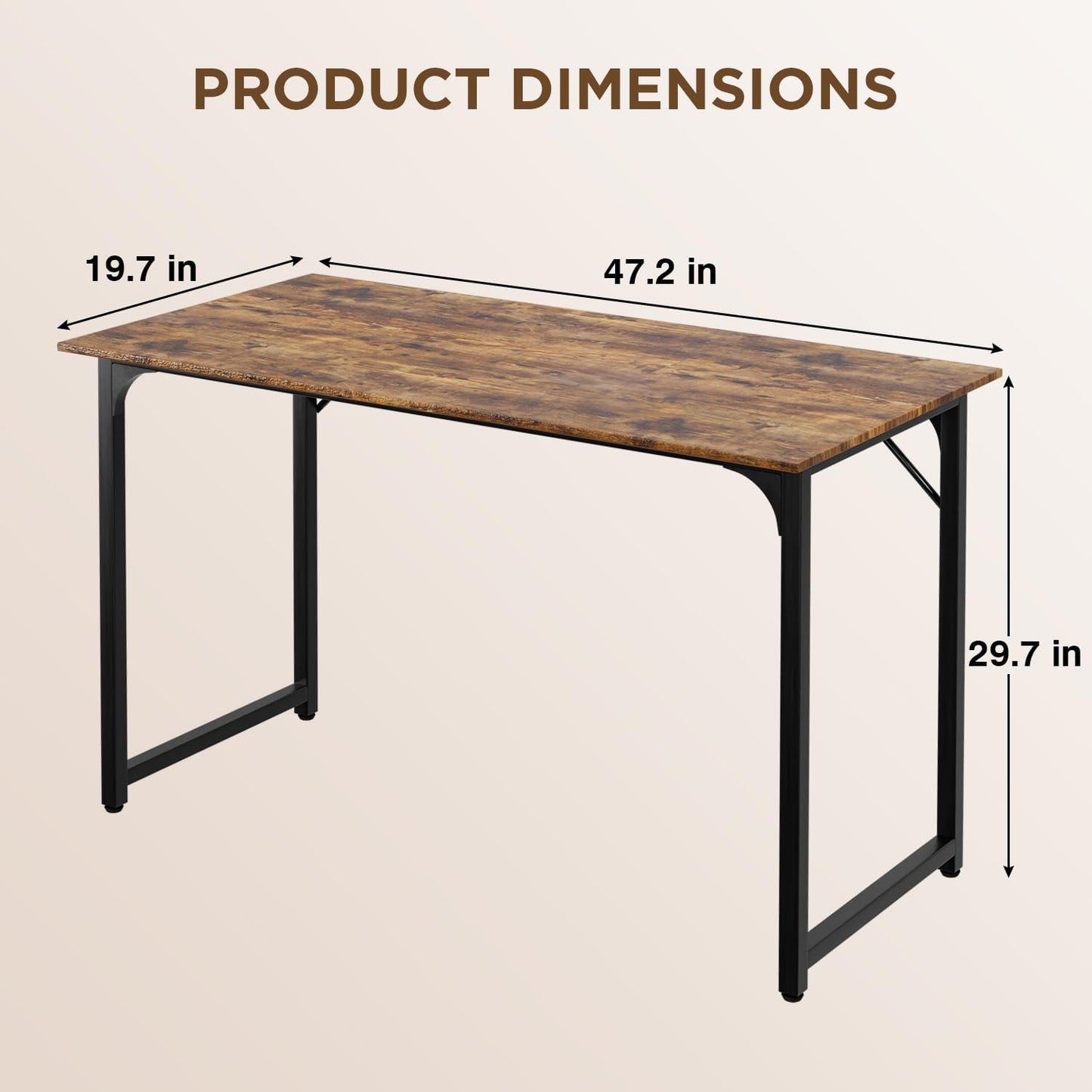 PayLessHere | 47 Inch Computer Desk | Brown | Office Desk with Metal Frame, Adjustable Feet | Water-Resistant, Scratchproof Surface | Sturdy Writing Table for Home Office or Study | Pack of 1