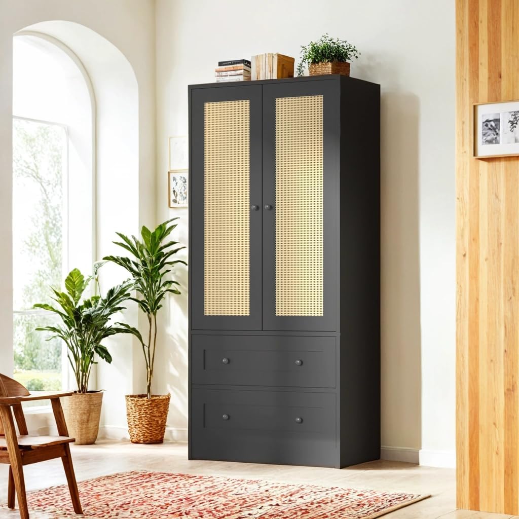 64.2" Tall Rattan Black Kitchen Pantry, Storage Cabinet with Doors and Drawers, Freestanding Wooden Organizer for Kitchen, Dining Room