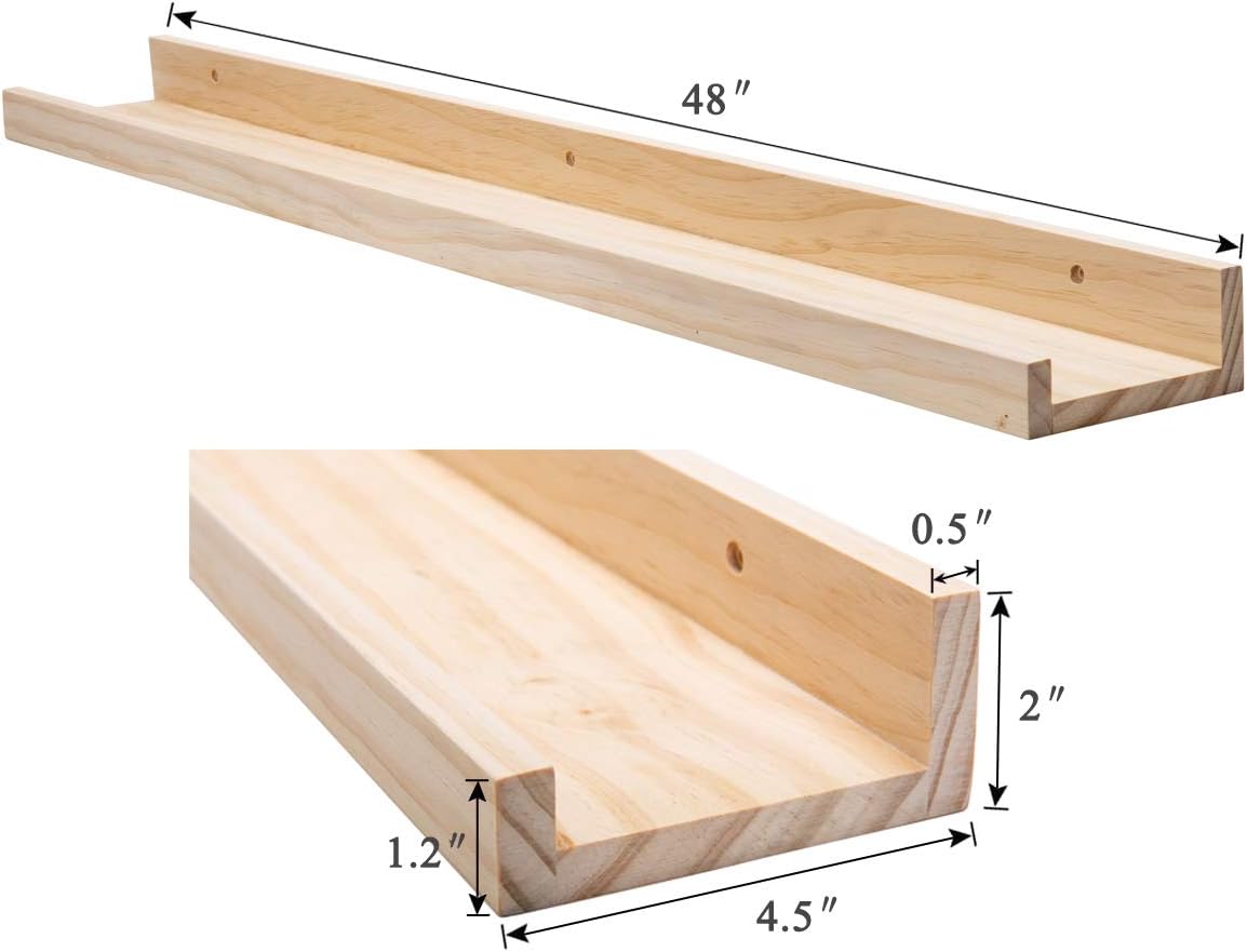AZSKY Picture Ledge Long Floating Wall Shelf 48 Inch Photo Ledge Display Floating Shelves Wall Mounted Shelves Home Decor Nursery Bookshelf Natural Wood Set of 2