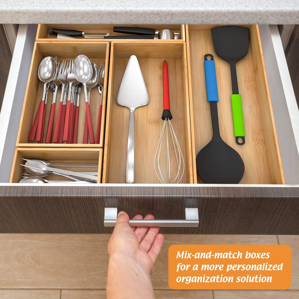 Bamboo Kitchen Drawer Organizer, Wooden Storage Box for Utensil Organizer Silverware Tray Cutlery Holder Flatware Containers - Multi-Use Deep Drawer Dividers Organizer for Bathroom, Jewelry, 12"6"2.5"