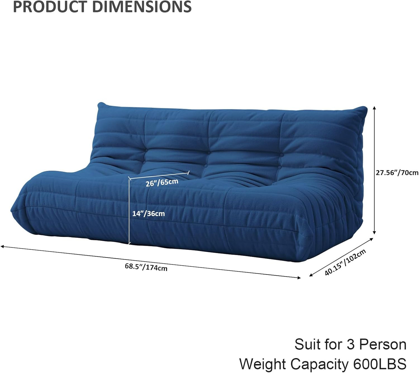 Luxury Sofa Couch Chair, Lazy Floor Seating, Fireside Bean Bag Chair, Ergonomic Tatami Sofa Lounger for Living Room, Bedroom, Office, 3 Seat, Blue