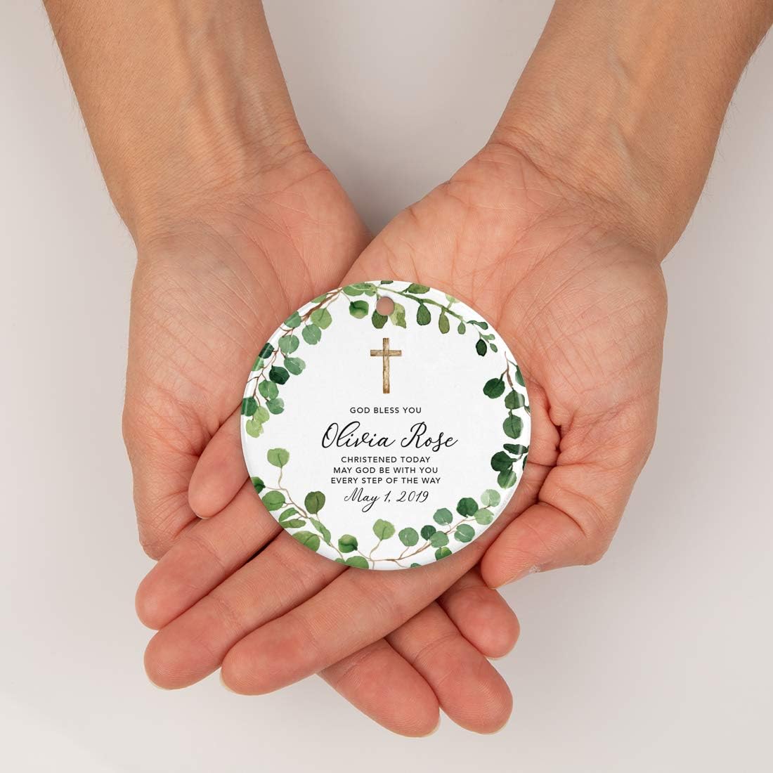 Andaz Press Personalized Round Ceramic Porcelain Christmas Ornament Keepsake Collectible Gift, God Bless You Olivia Rose Christened Today, Farmhouse Eucalyptus Wreath, 1-Pack