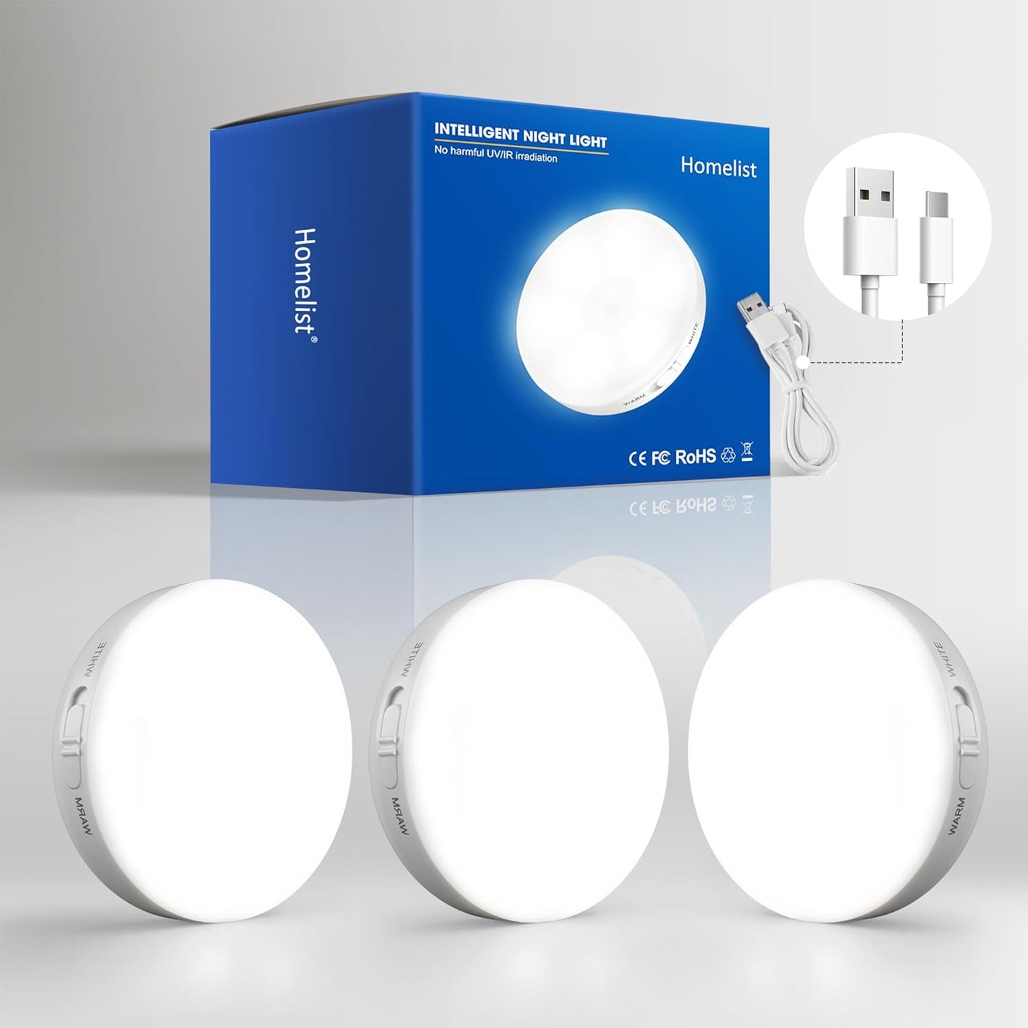 Homelist 3 Pack Motion Sensor Lights Indoor, Rechargeable Wireless LED Puck Lights, Battery Operated Motion Sensor Night Light for Closet, Stairs, Kitchen, Cabinet, Toilet