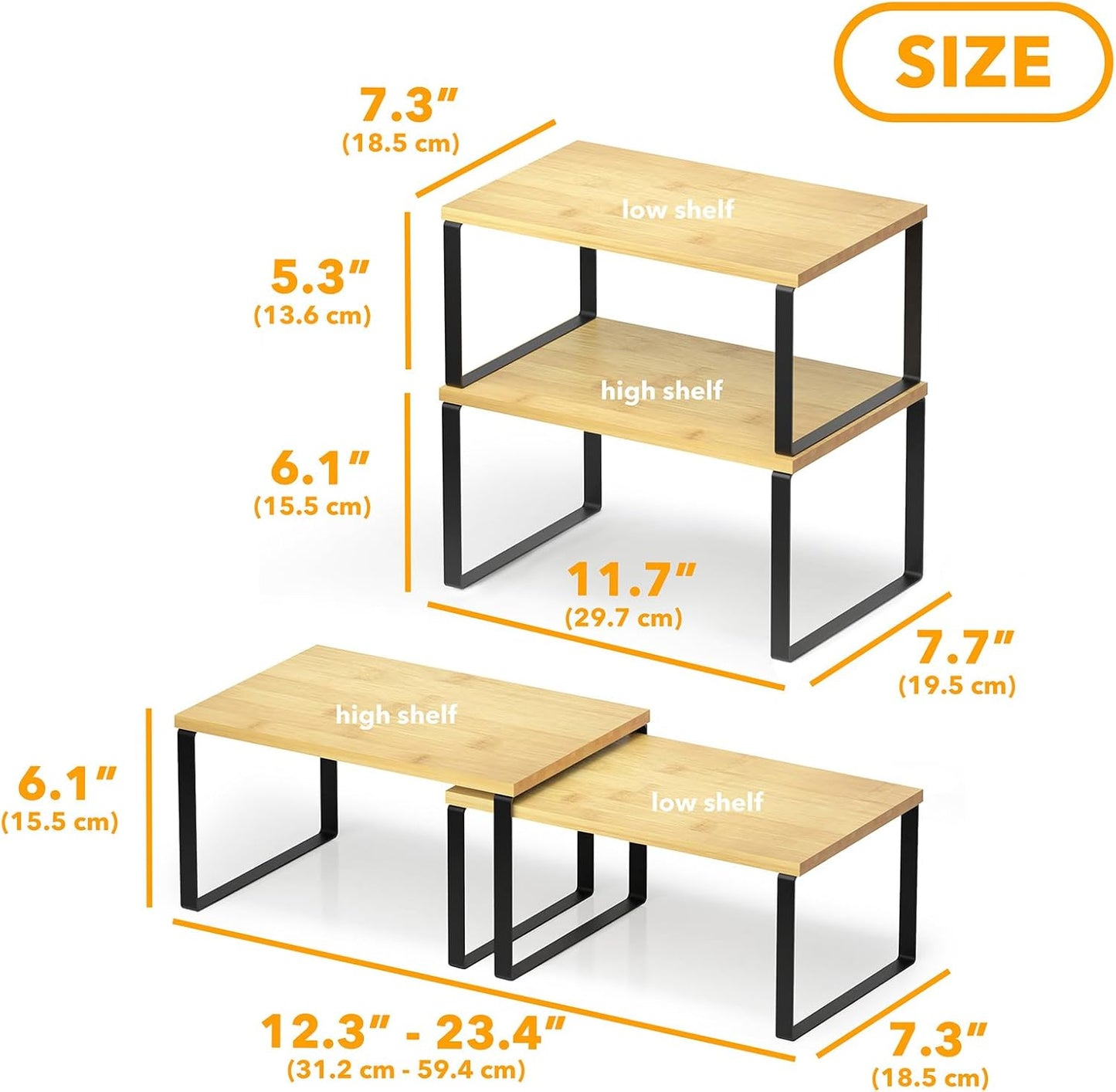 SpaceAid Cabinet Shelf Organizers 2 Pack, Kitchen Counter Rack Shelves Riser, Stackable Expandable Spice Rack, Pantry Cupboard Storage Organization (Black and Natural, Short)