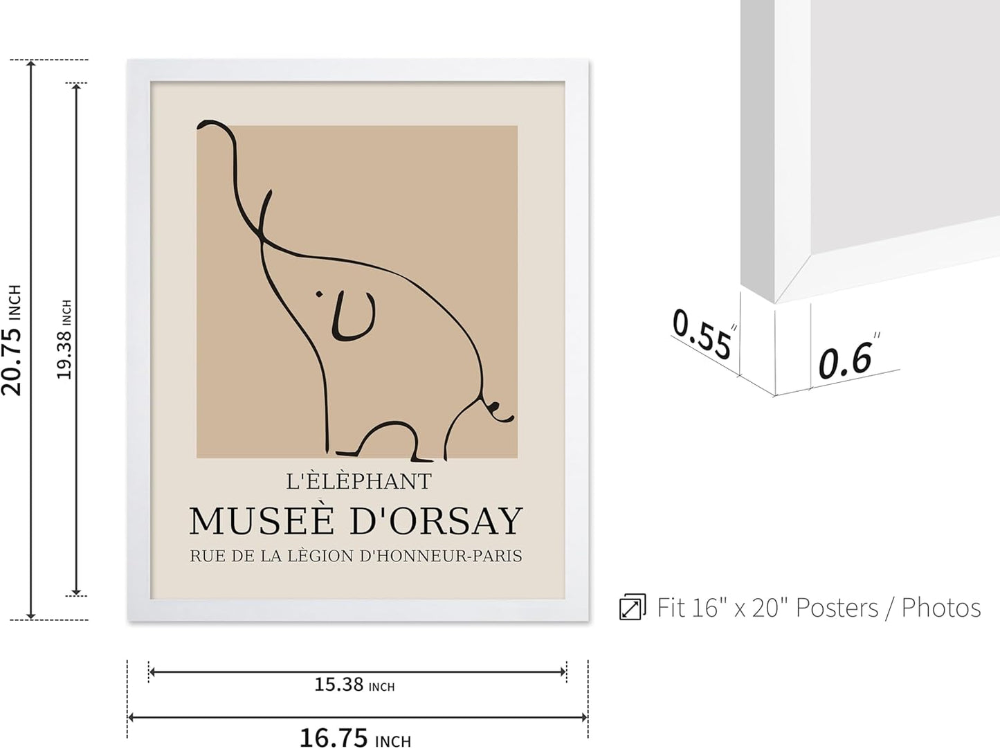 Poster Master Vintage Poster - Retro Minimalist Print - Gift for Artist, Housewarming - Elephant, Line Drawing, Sketch, Abstract - Wall Decor for Living Room, Bedroom, 16x20 White Framed