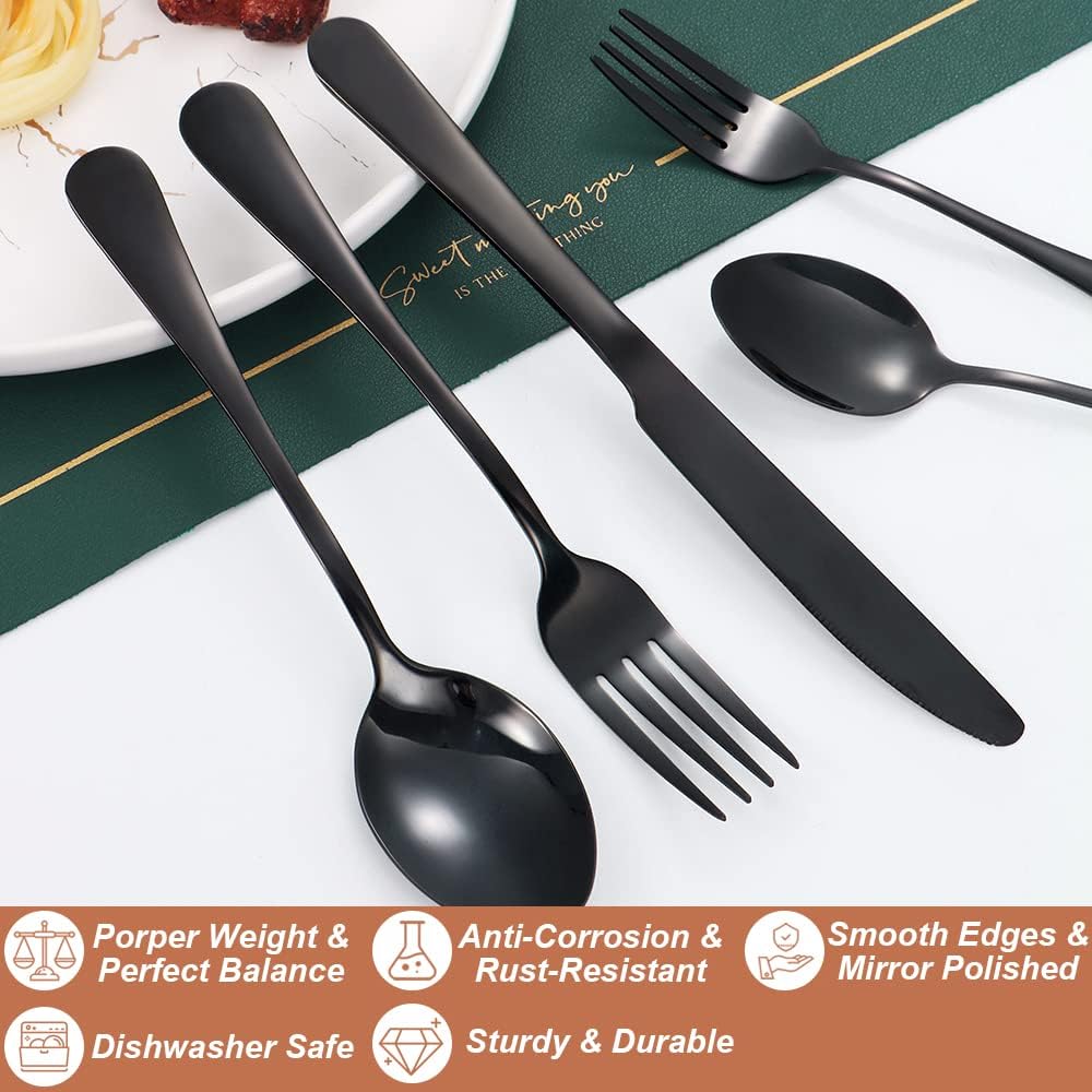 Lazycorner 40 Pcs Black Silverware Set for 8, Mirror Polished Flatware Set Stainless Steel Fork Knife Spoon, Food Grade Eating Utensils Sets, Reusable Silverwear Cutlery Set, Dishwasher Safe