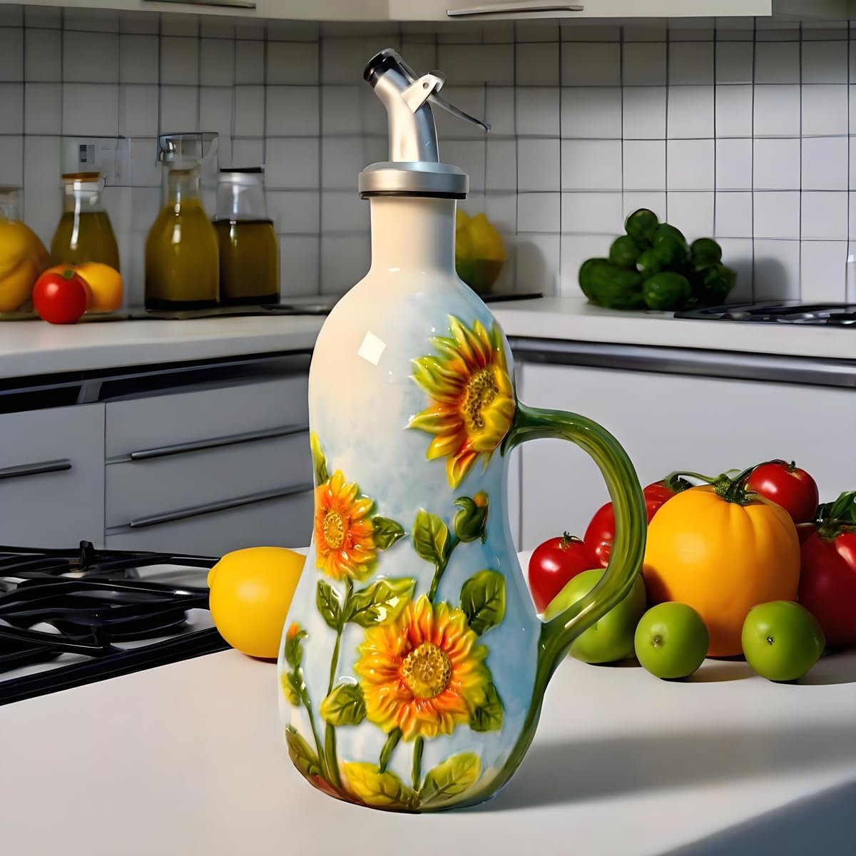 18 Oz Hand Painted Relief Ceramic Olive Oil Bottle Dispenser for Kitchen, Oil and Vinegar Bottle, Seasoning Bottle with Stainless Steel Nozzle, 540mL Oil Container with Handle for Cooking, Light Proof
