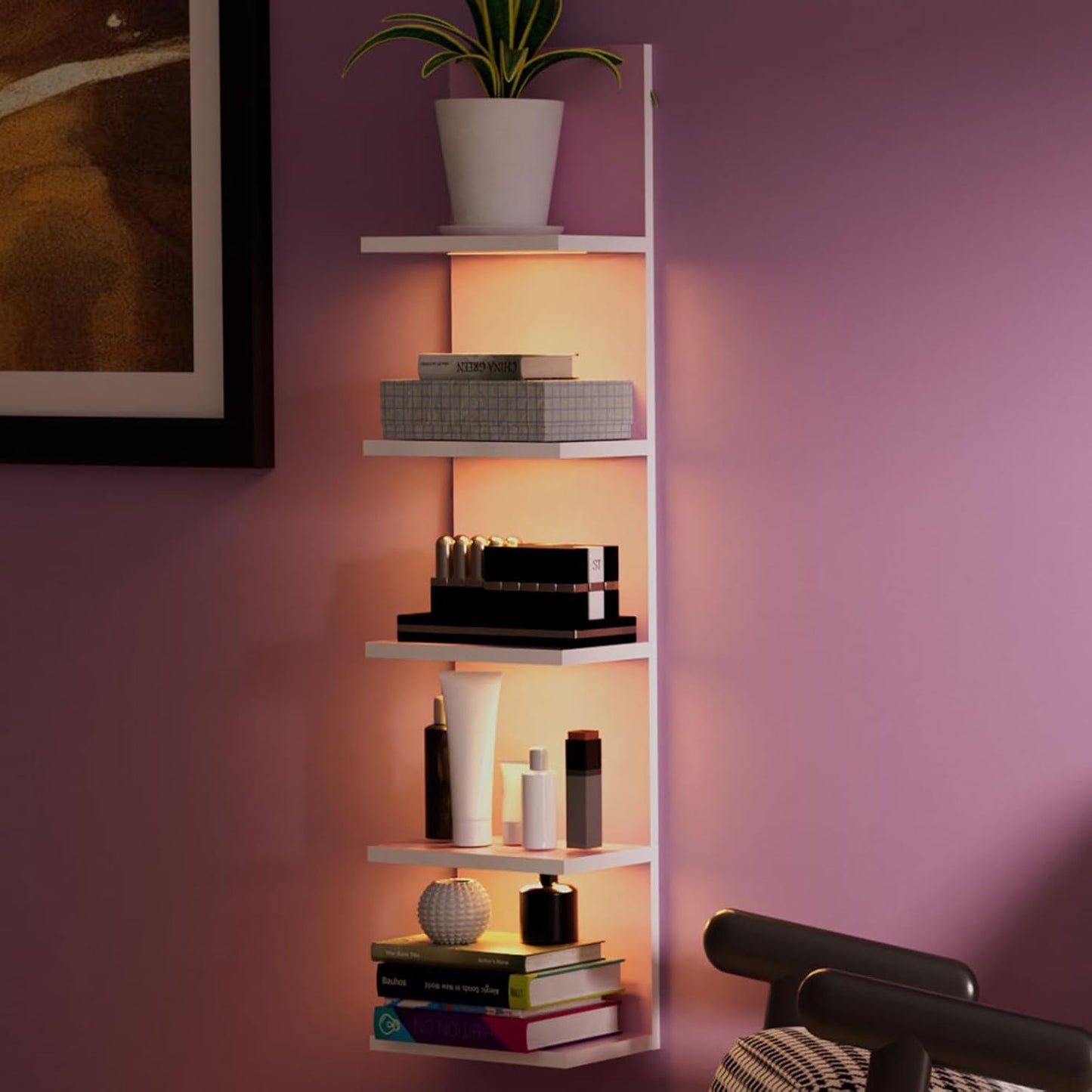 5 Tier Wall Shelf Unit,Modern Vertical Lack Wall Shelves with Light, Wall Mount, Floating Column Home Decor Shelves for Bedroom, Living Room, Vanity Storage Display(Pink)