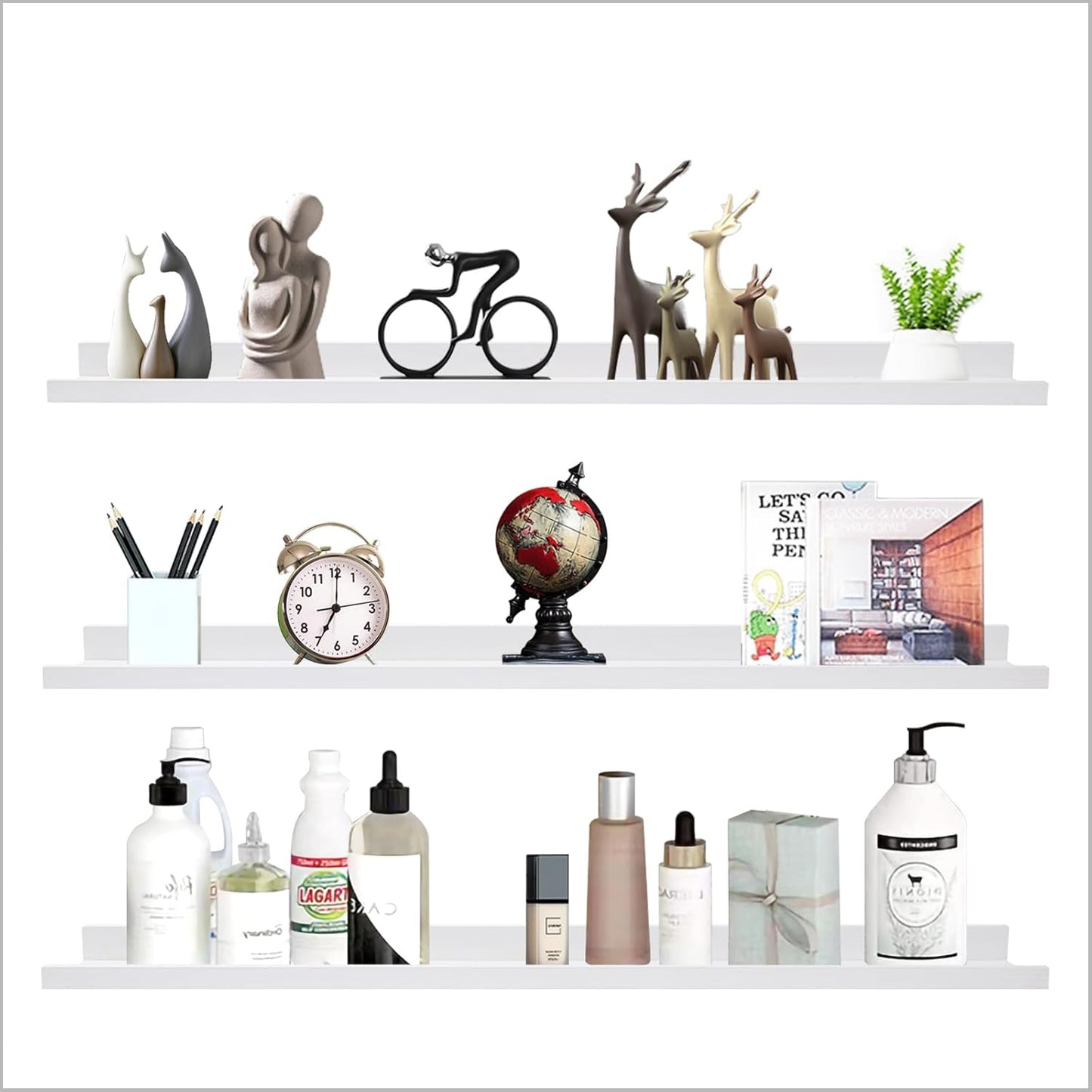 AZSKY 48 Inch White Large Picture Ledges Wood Photo Display Shelf Long Shallow Picture Shelf for Pictures with Lip Wall Mounted Set of 3 for Living Room Bedroom Bathroom Kitchen Same Sizes