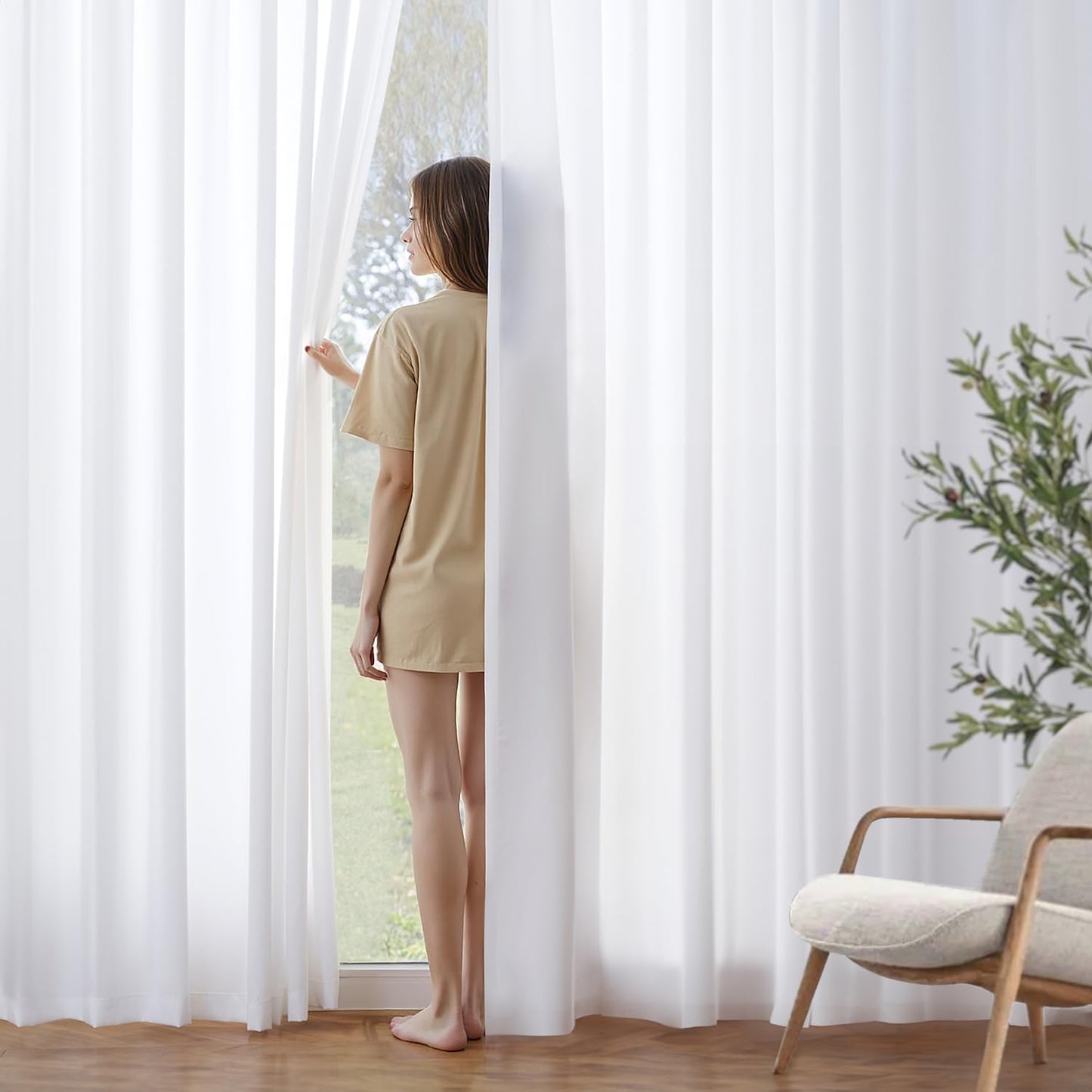 MIULEE White Privacy Sheer Curtains That Let Light in 90 Inches Long Non-See-Through Semi Sheer Curtains Light Filtering Window Curtain Drapes for Living Room Bedroom 2 Panels Set 42 X 90