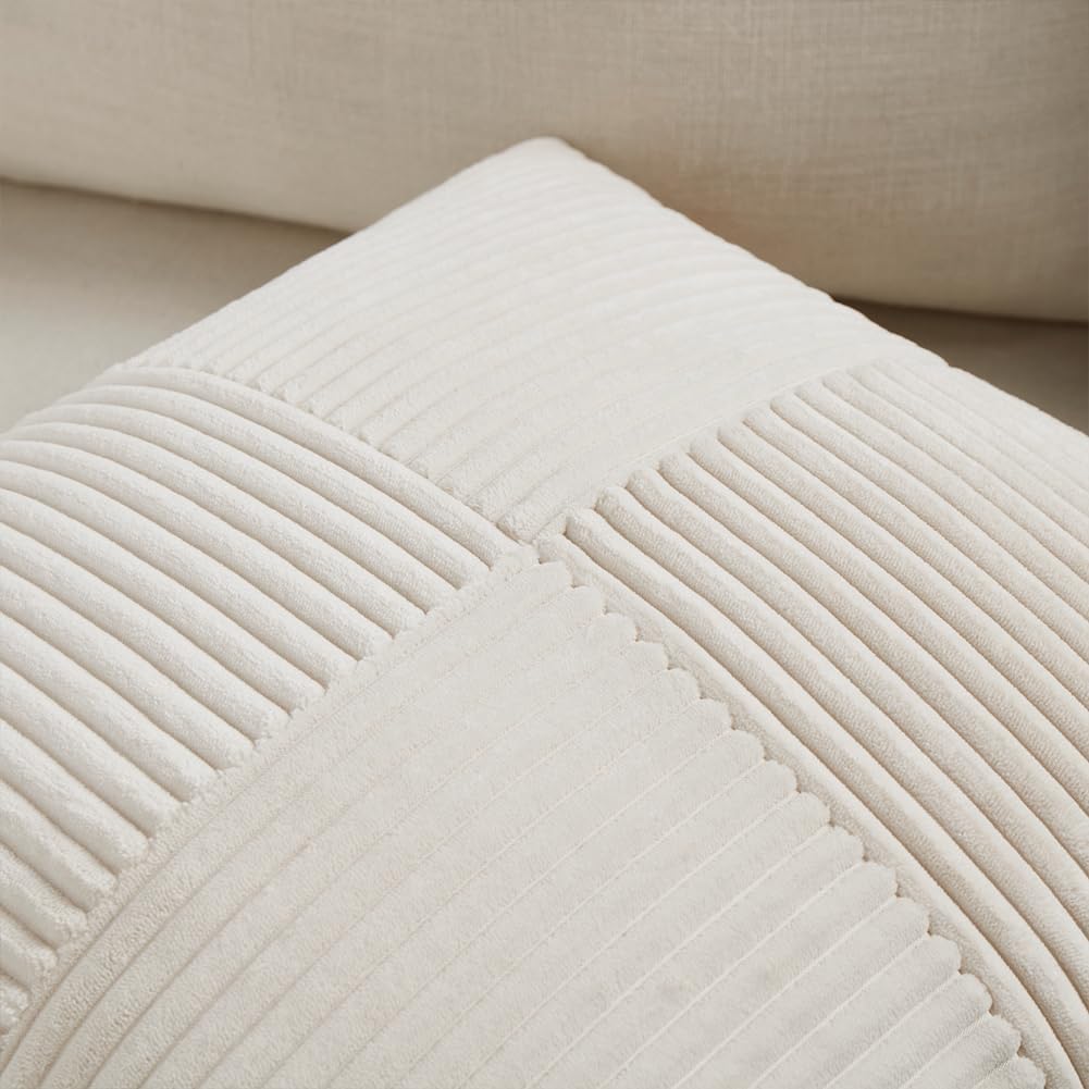 Fancy Homi 2 Packs Cream Lumbar Decorative Throw Pillow Covers 14x24 Inch for Living Room Couch Bed Sofa, Rustic Farmhouse Boho Home Decor, Soft Striped Corduroy Rectangle Accent Cushion Case 35x60 cm