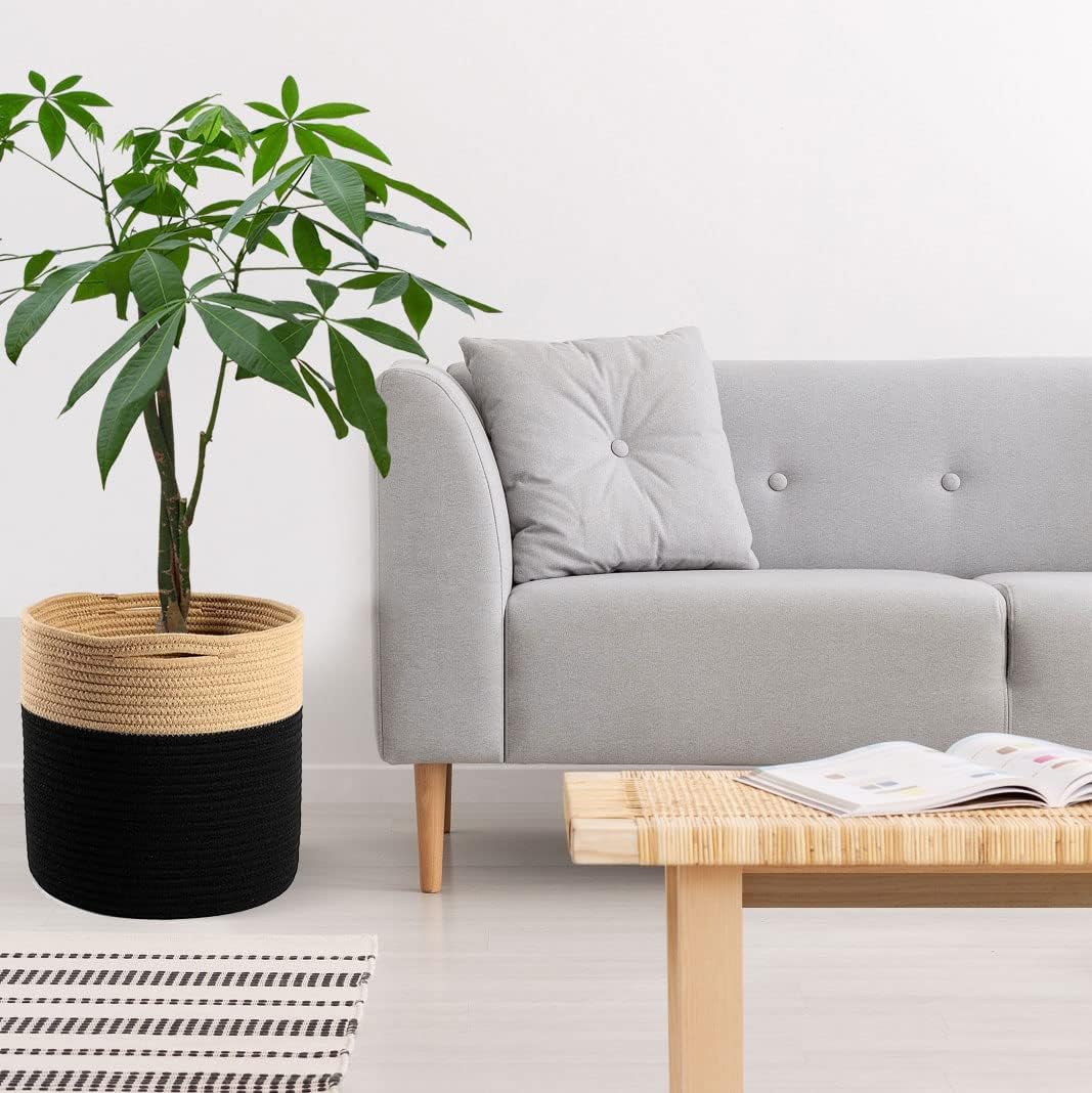 Woven Cotton Rope Plant Basket for 10" Flower Pot Floor Indoor Planters Flower Pot, Home Decor Storage Organizer H11 x W11 Black&Brown