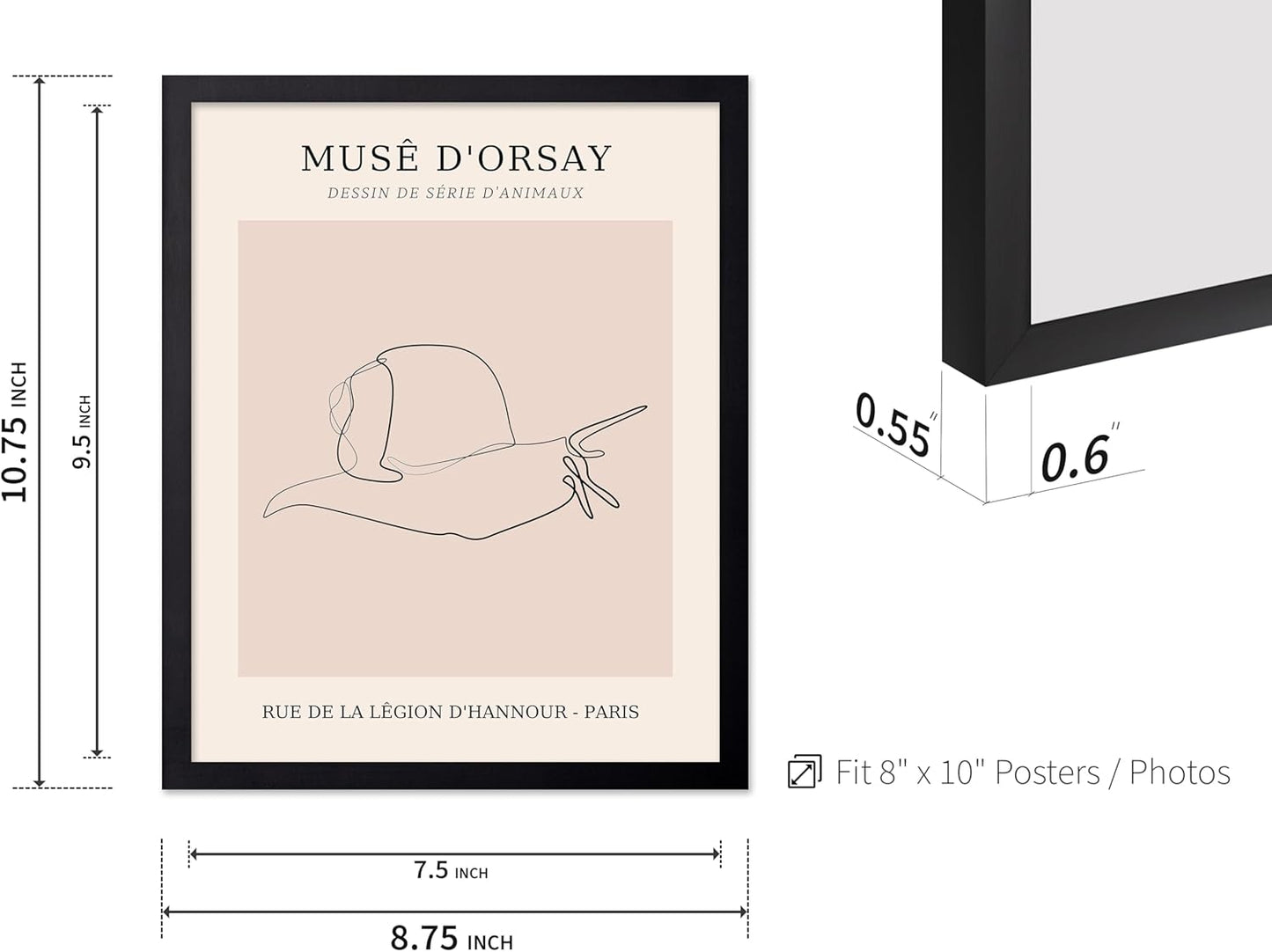 Poster Master Vintage Poster - Retro One Line Snail Drawing Print - Snail Line Art - Minimal Gift for Men, Women, Animal Lover - Abstract Wall Decor for Home, Office, 8x10 Black Framed