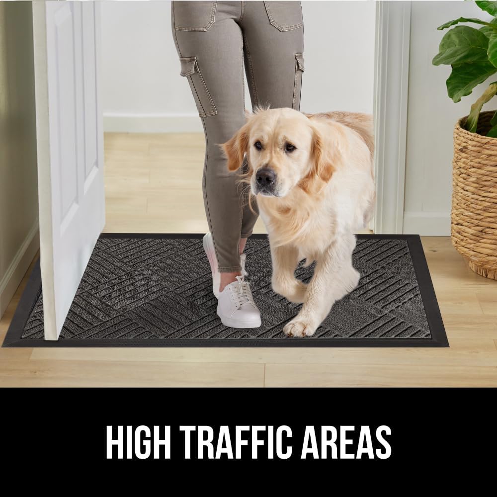 GORILLA GRIP 100% Waterproof All-Season WeatherMax Doormat US Designed Natural Rubber, Stain and Fade Resistant, Low Profile Indoor Outdoor Door Mats, Easy Clean Patio Mat, 17x29, Gray Diamond