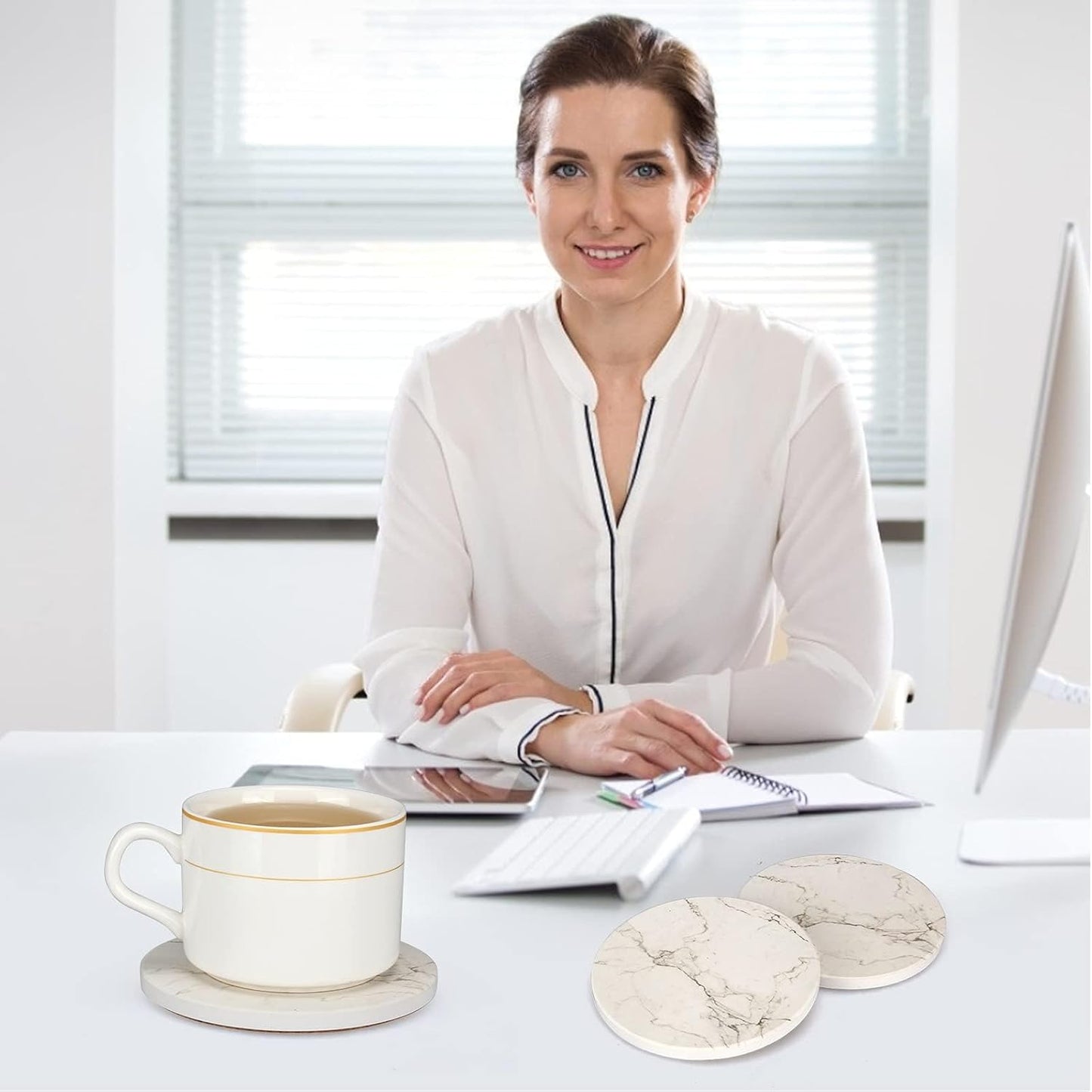 6 Pack White Marble Coaster Set with Holder Absorbent Drink Coasters Ceramic Cute Coaster Bar Dining Coffee Table Accessories Decor Gift Funny Cup Stone Modern Costers Cool Desk Beer Cork Coasters